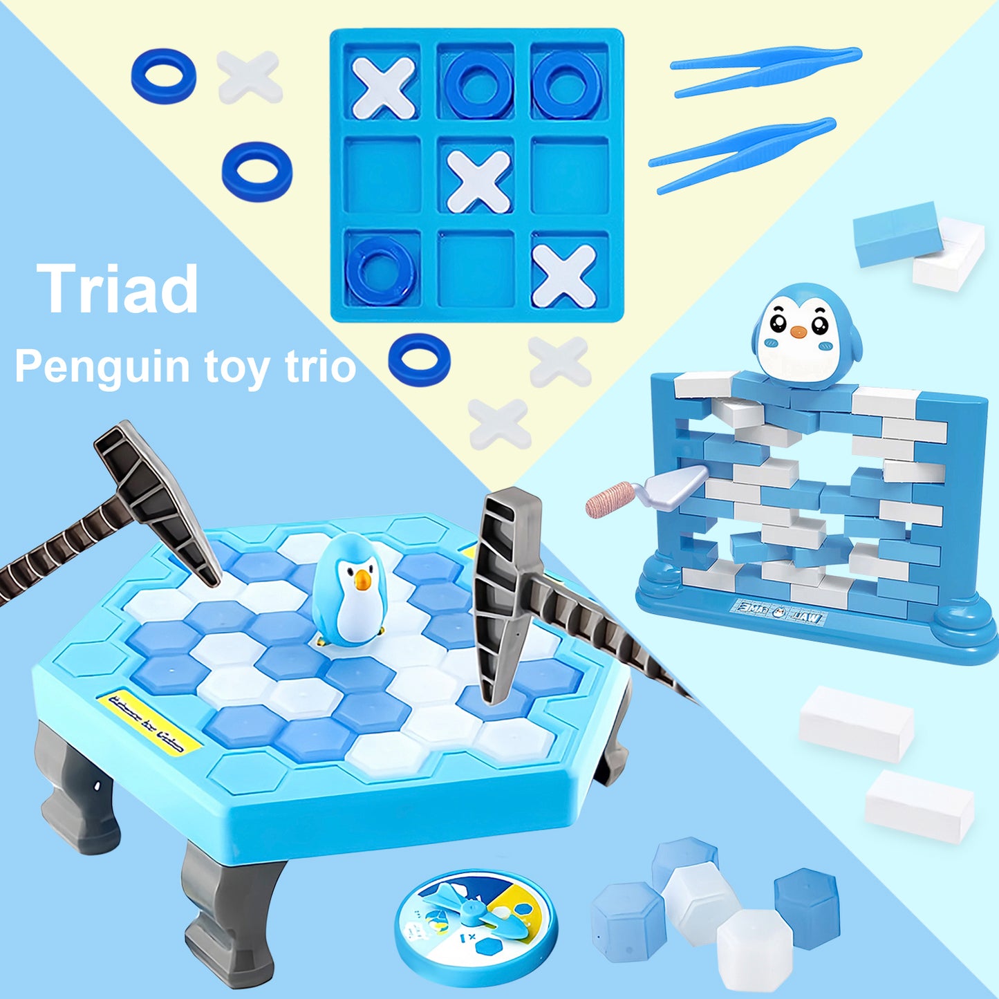 Trapped Penguin Board Game,Penguin Ice Break Toy with Mini Penguin Brick Wall Game and Tic Tac Toe,Thin Ice Game Set for Kids and Adults
