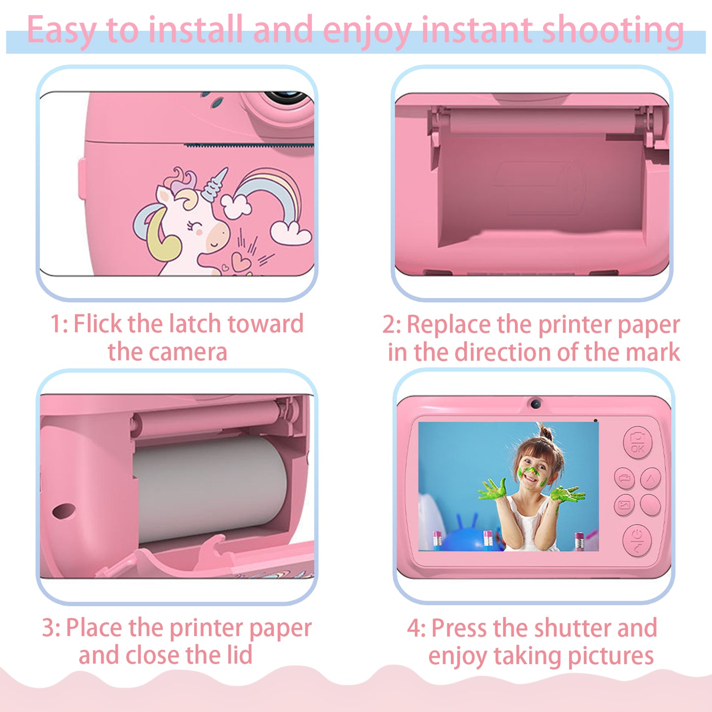 QINIUXO Instant Print Camera,HD Digital Camera,Pink Camera,Christmas Gift