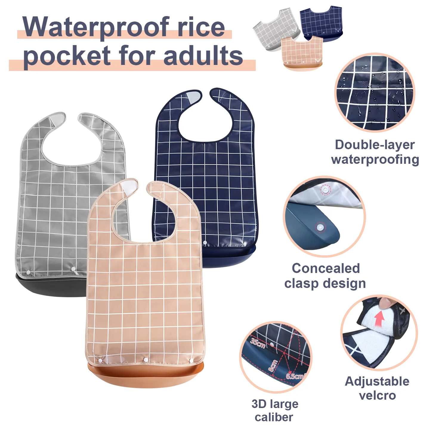 Adult Bibs for Men Women Pack of 3,Reusable Bibs for Elderly Eating with Crumb Catcher,Adjustable and Washable