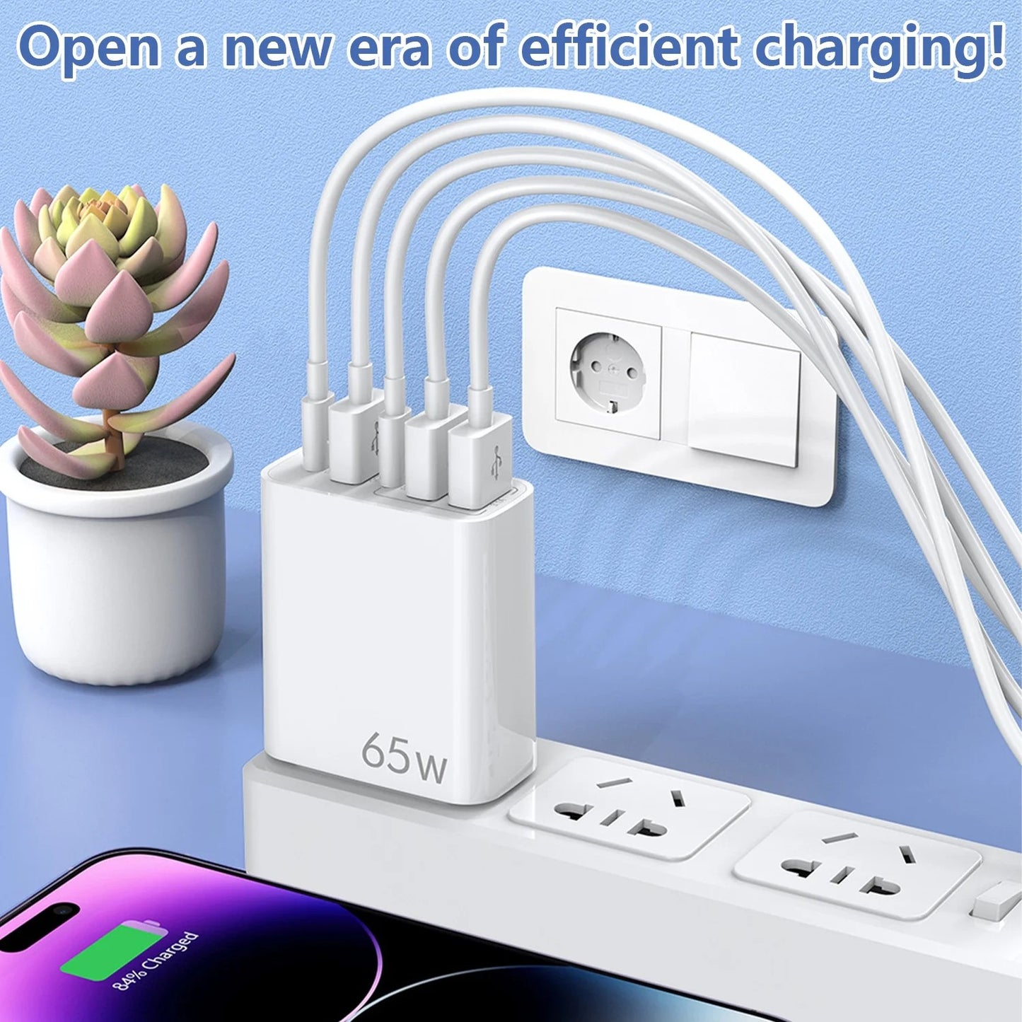 65W USB C Fast Charger,2 Pack Wall Charger Block,6 Port Power Adapter,Compatible with Various Types of Mobile Phones and Computers,White