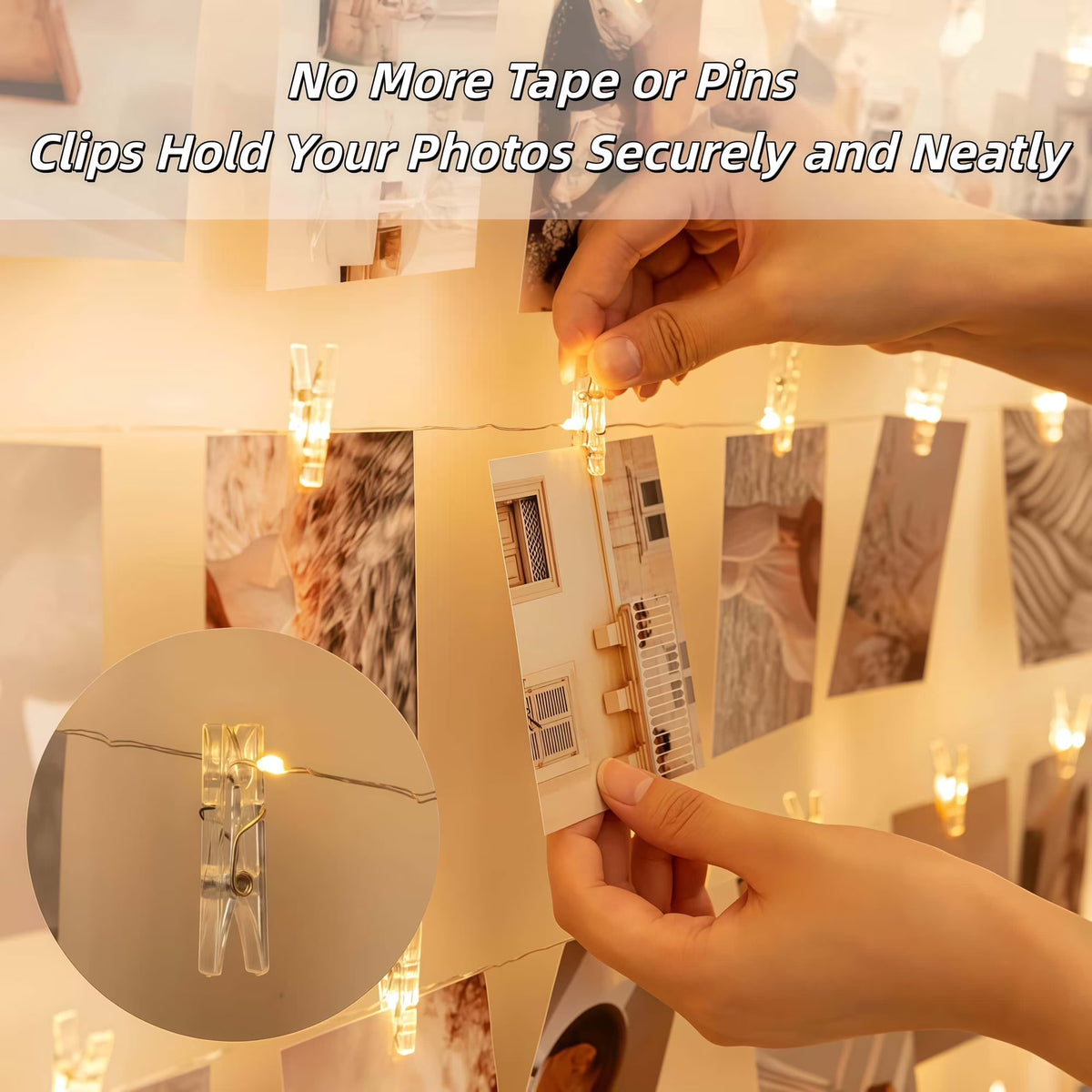 2-Pack Photo Clip String Lights, 65.6 ft 200 LED Fairy Lights, USB Warm White Twinkle Lights with 100 Clips, Picture Hanging Lights for Room Decor, Photo Wall Display Lights