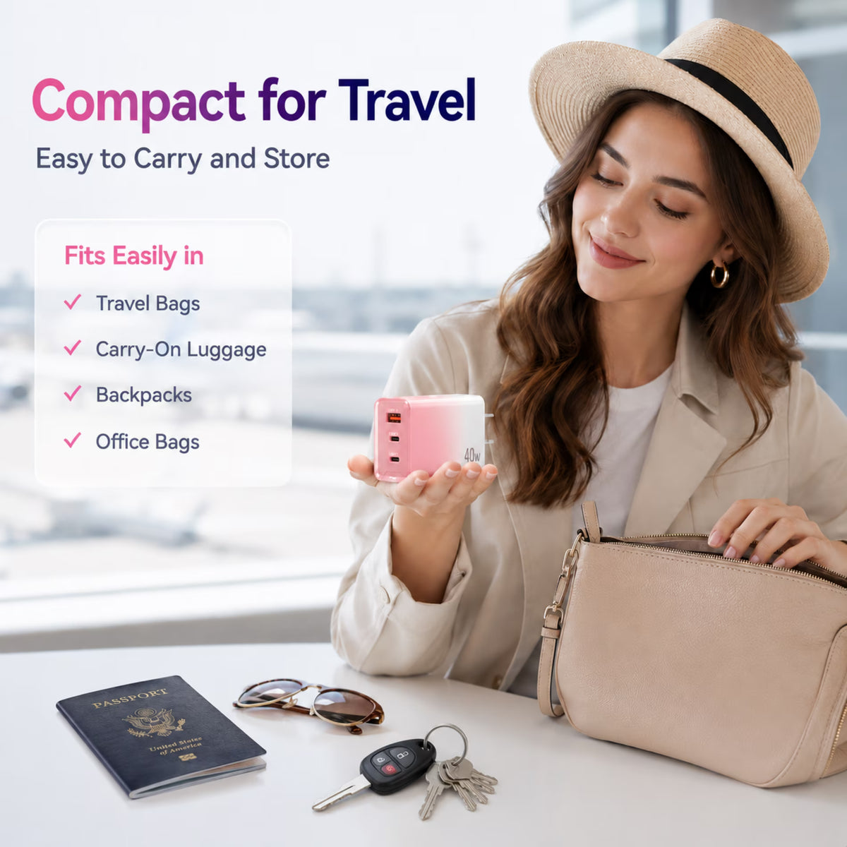 QINIUXO 2 Pack USB C Charger Block, 40W USB Wall Charger with 2 USB-C and 1 USB-A Ports, 3 Port Phone Charger Block, Compact Charger for Phones, Tablets and Everyday Devices, Purple & Pink