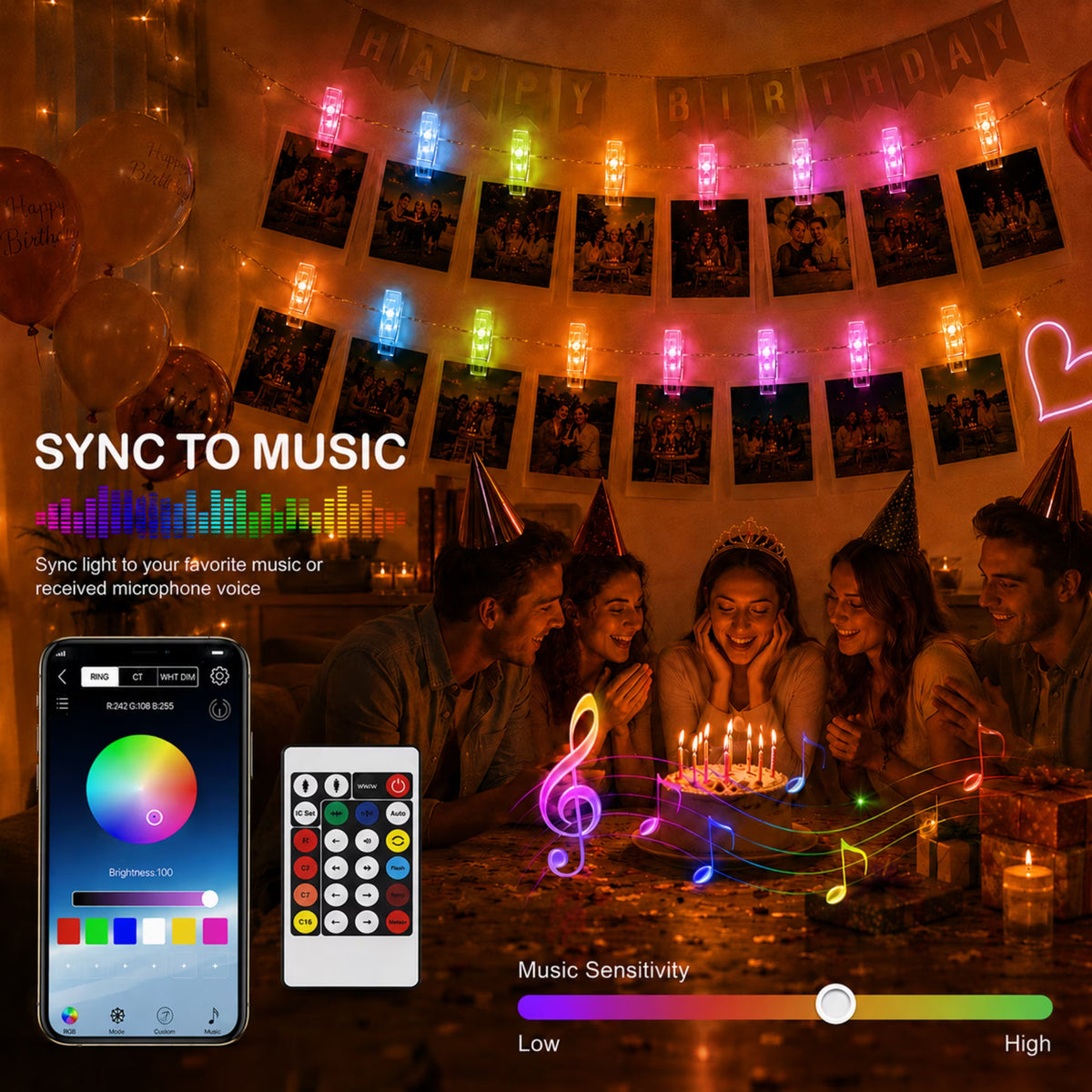 100 LED Photo Clip String Lights, 33FT Fairy Lights for Pictures, USB Photo Hanging Lights with Remote & App Control, Waterproof Picture Lights with 100 Clips for Room Decor