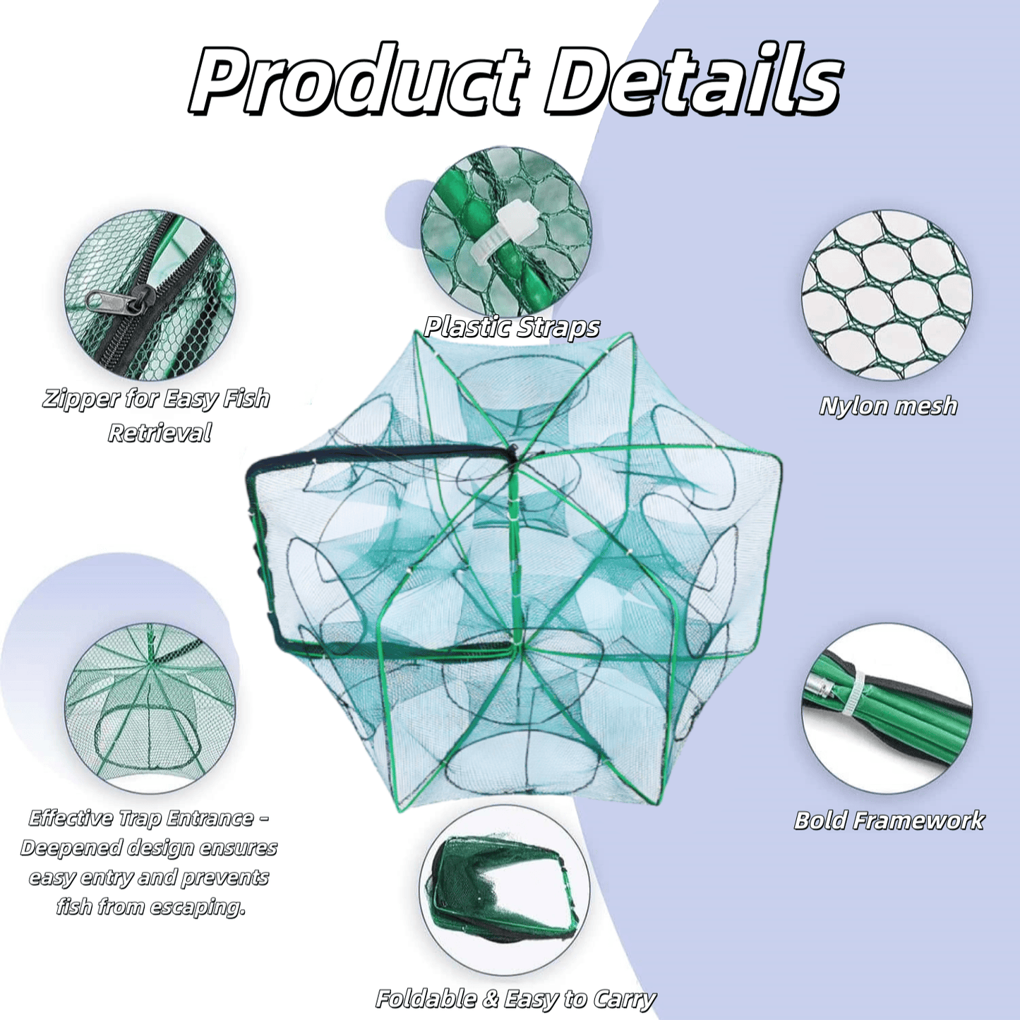 3‑Pack Crawfish Traps, 12-Hole Fishing Trap, Cylindrical Hexagon Crab Trap, Green Foldable Fishing Net, Fishing Accessories for Small Fish Shrimp Crab Crawfish (23.6 x 13.8 in)