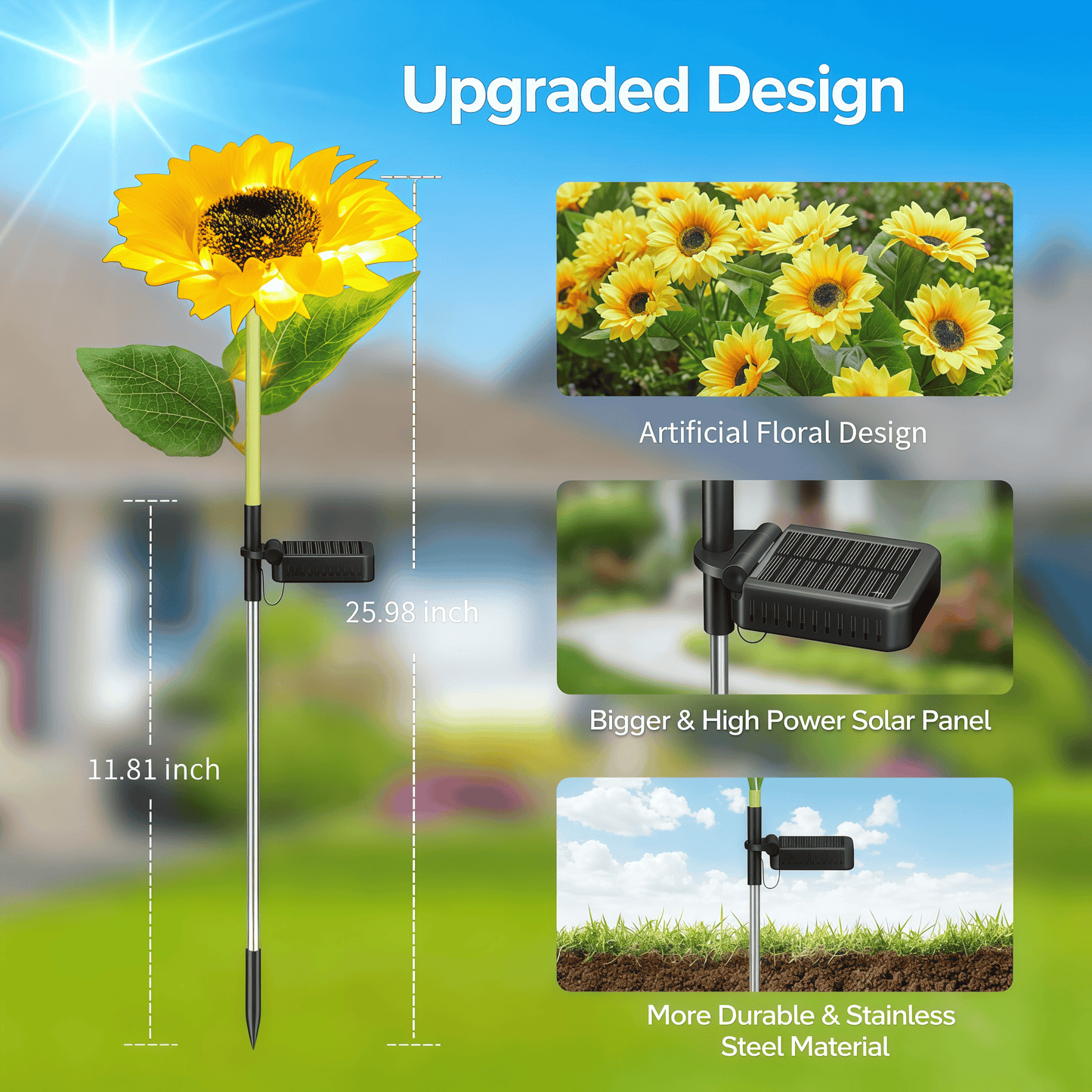 4 Pack Solar Garden Lights, Solar Sunflower Lights Outdoor Waterproof with Auto On/Off, Solar Lights for Patio Lawn Outdoor Decor, Yellow