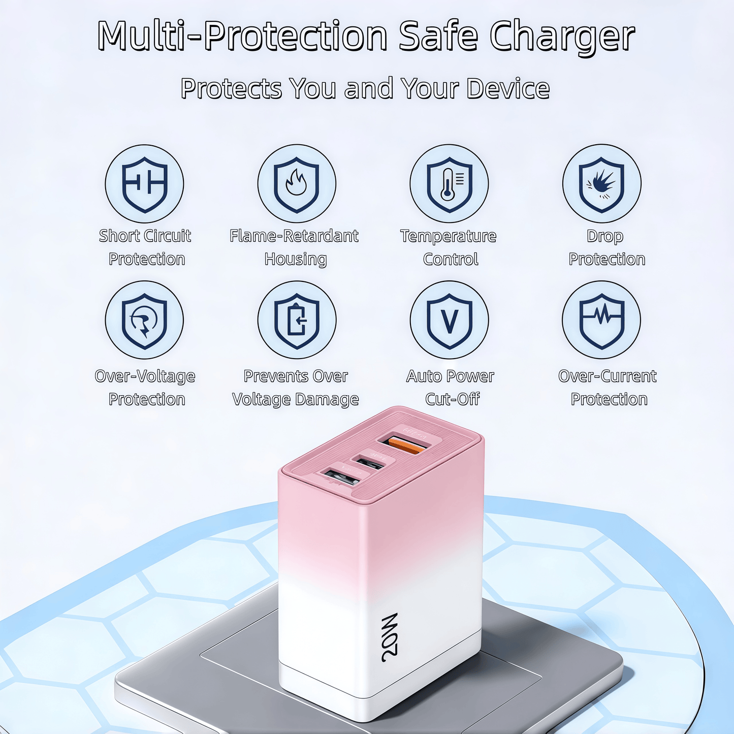 2Pack 20W USB C Wall Charger Block, 3-Port Fast Charging Type C Charger (2 USB-C + 1 USB-A), Compact Travel Phone Charger Compatible with Various Types of Mobile Phones (Purple & Pink)