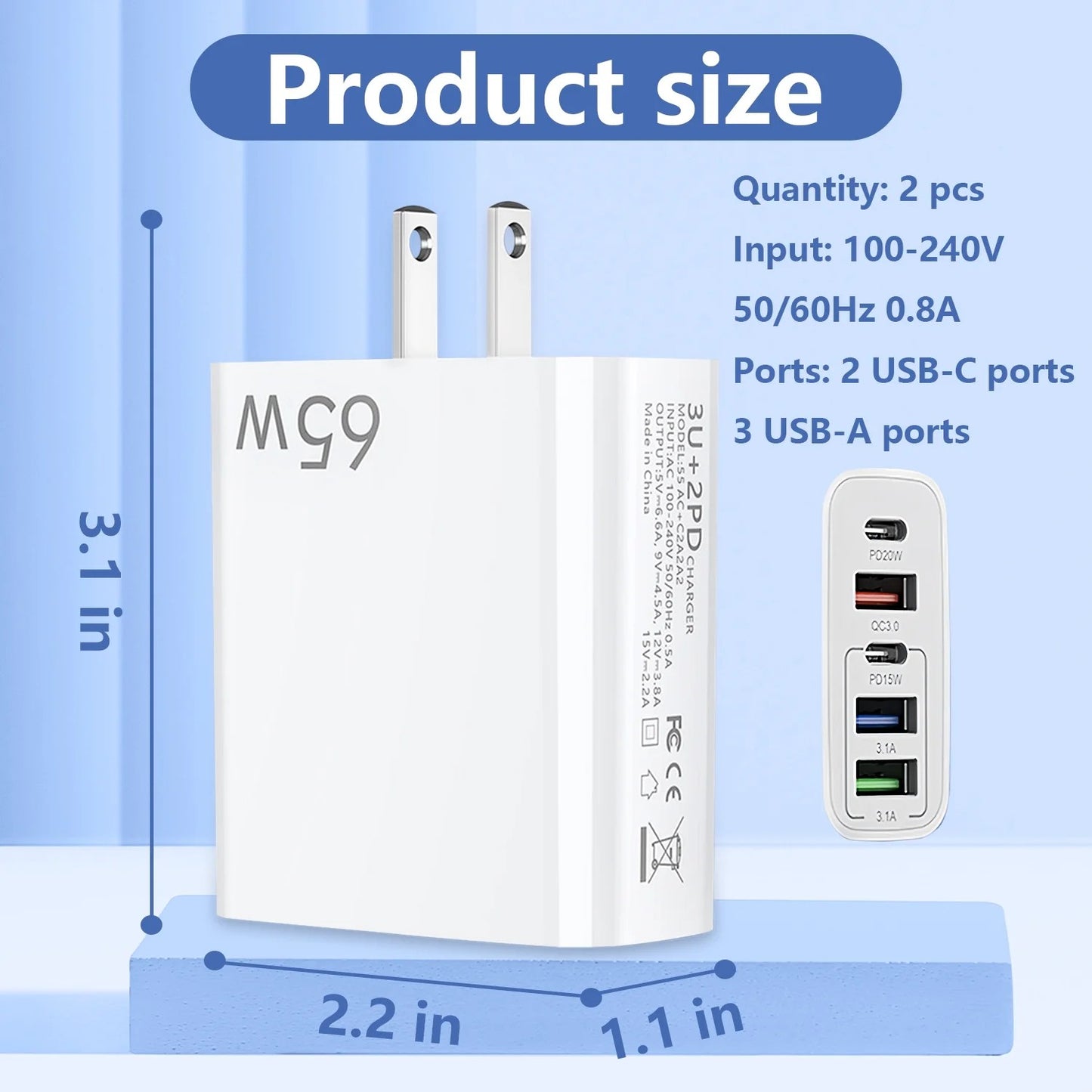 65W USB C Fast Charger,2 Pack Wall Charger Block,6 Port Power Adapter,Compatible with Various Types of Mobile Phones and Computers,White