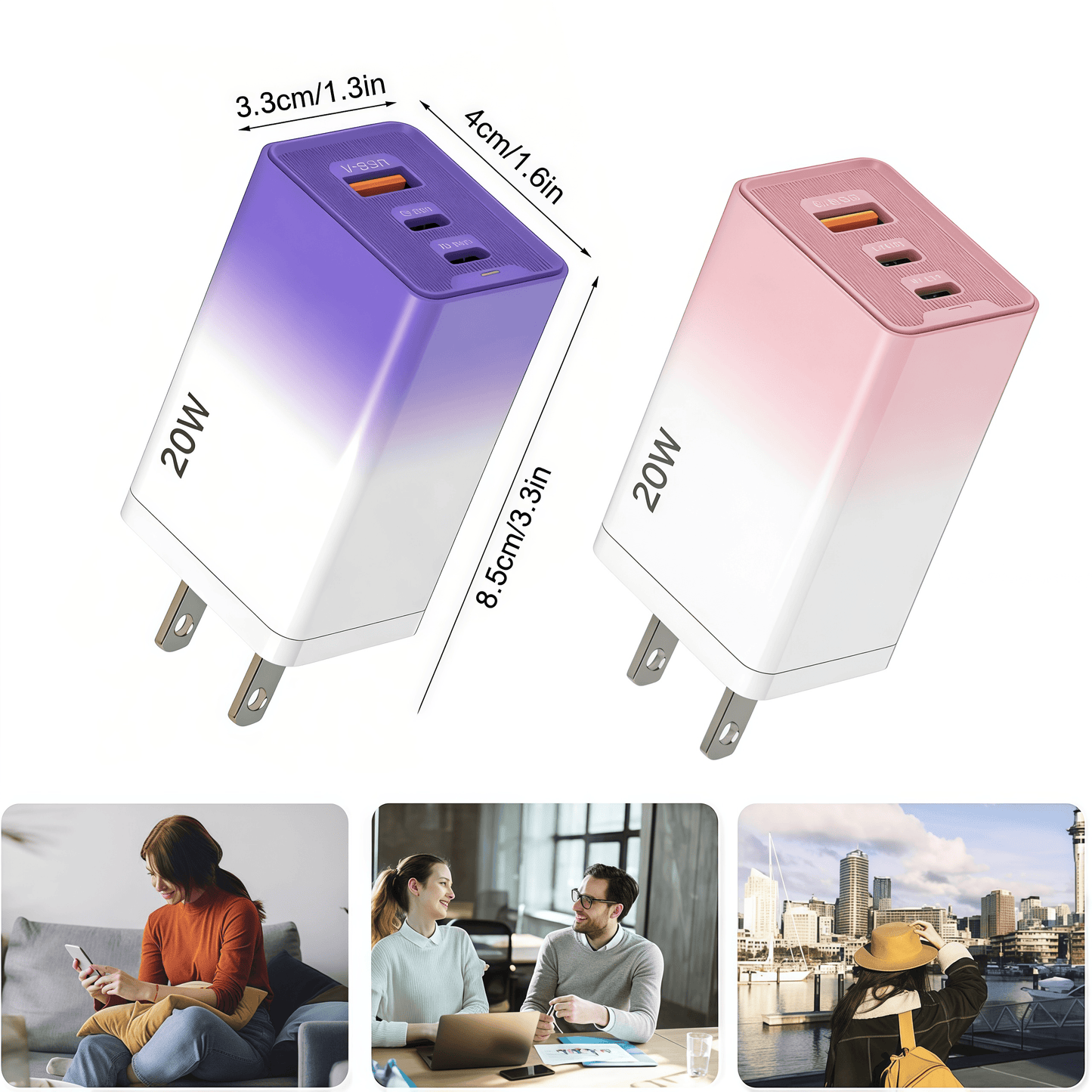 2Pack 20W USB C Wall Charger Block, 3-Port Fast Charging Type C Charger (2 USB-C + 1 USB-A), Compact Travel Phone Charger Compatible with Various Types of Mobile Phones (Purple & Pink)