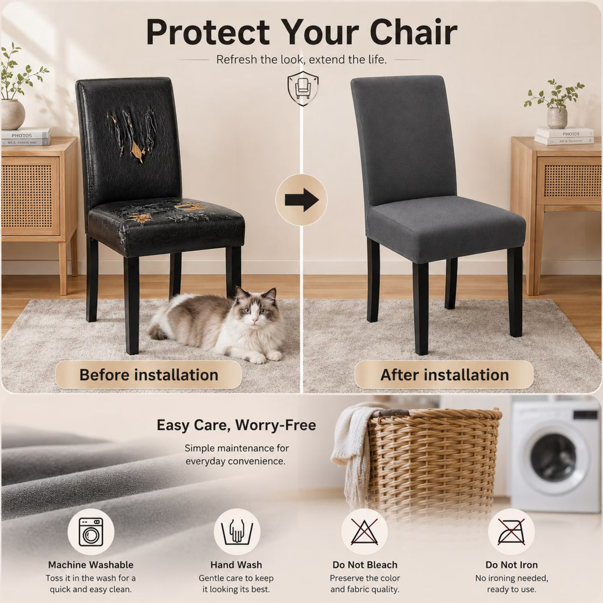 ChrumpTon Chair Covers for Dining Chairs Set of 4, Stretch Dining Chair Slipcovers, Removable Washable Chair Covers with Elastic Fit, Chair Protectors for Dining Room, Kitchen, Hotel, Dark Gray