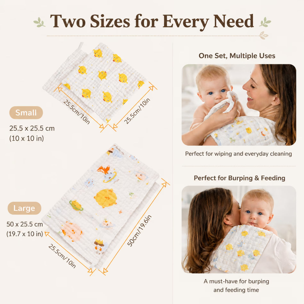 ChrumpTon 10 Pack Muslin Burp Cloths, 2 Sizes (20" x 10" & 10" x 10"), 100% Cotton, 6-Layer, Soft & Absorbent Baby Burp Cloths for Newborns