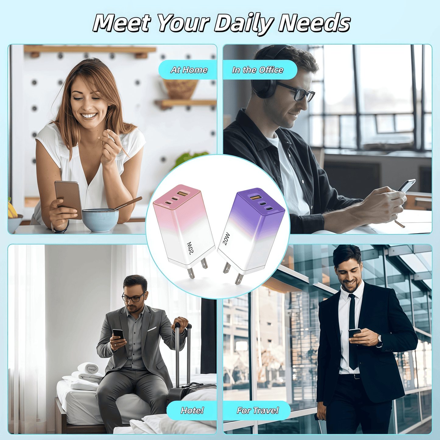 2Pack 20W USB C Wall Charger Block, 3-Port Fast Charging Type C Charger (2 USB-C + 1 USB-A), Compact Travel Phone Charger Compatible with Various Types of Mobile Phones (Purple & Pink)