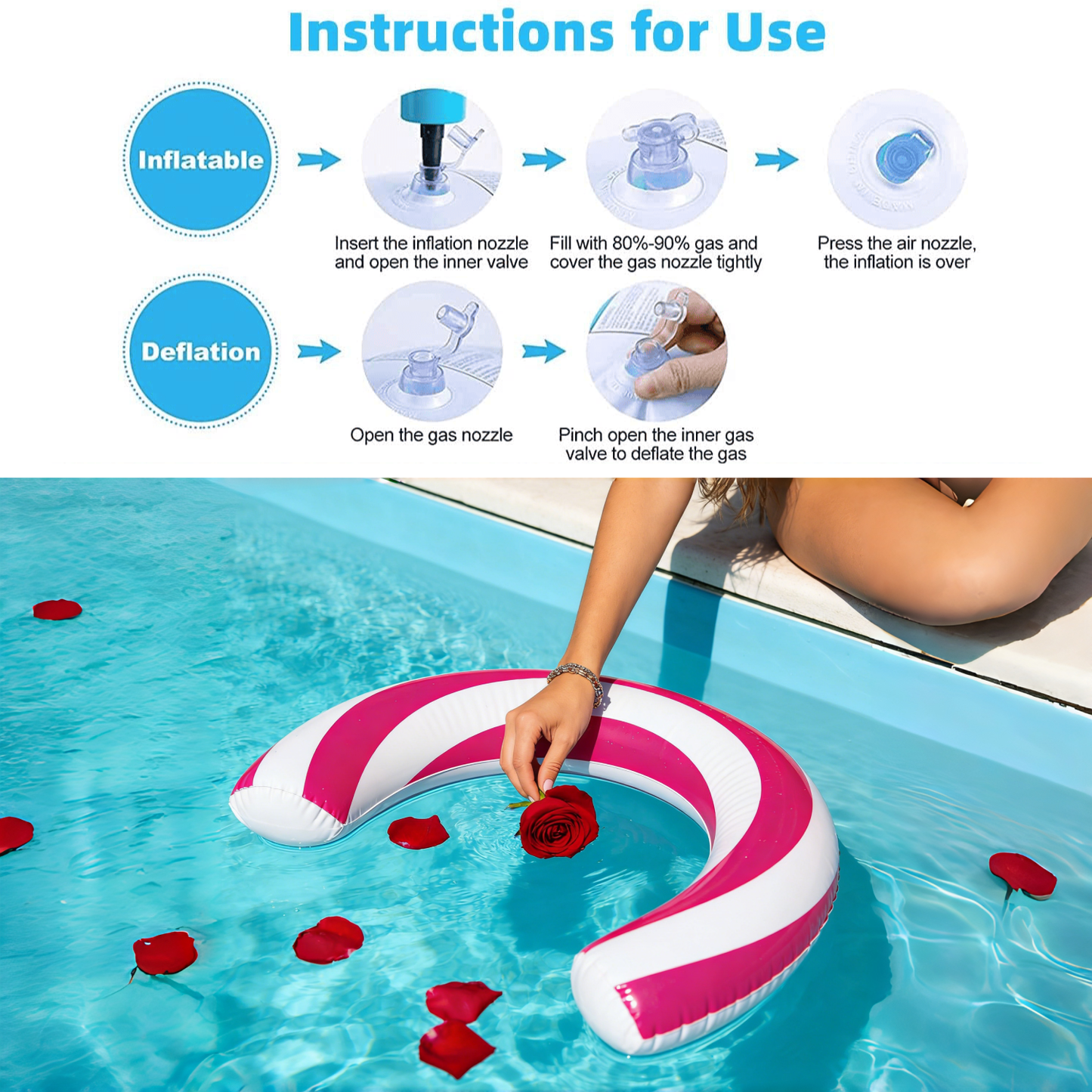 2 Pack Pool Noodles, Curved Inflatable Pool Noodle, Striped Inflatable Pool Floats, Pool Floats Adult for Swimming Pool, Lake, Beach, 29.5 in, Blue and Pink