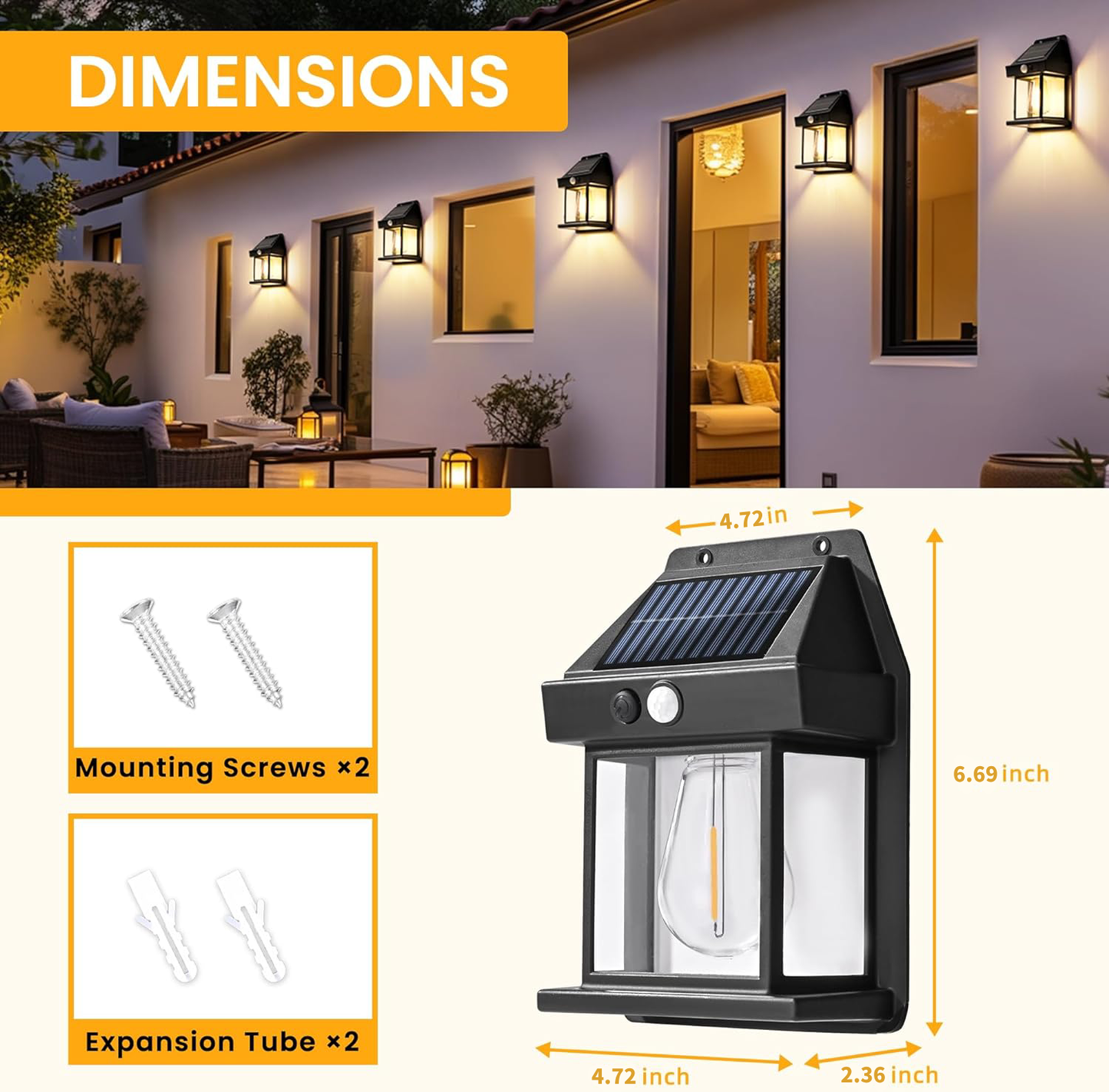 2 Pack Warm Light Porch Lights,3 Modes Solar Wall Lights Outdoor,Wall Porch Light Motion Sensor,Waterproof Outdoor Wall Lights for Garage Shed Door,Black 6.69 in