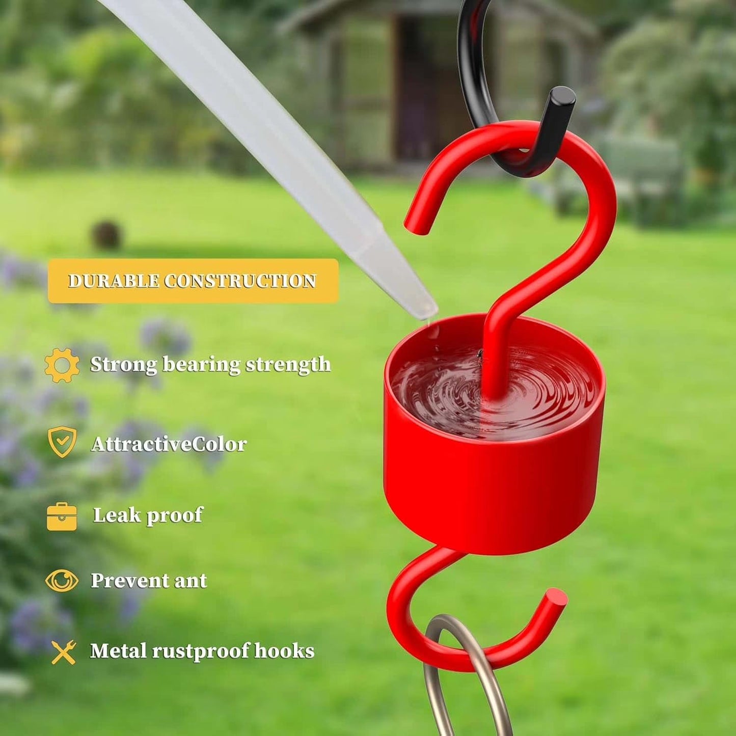 3-Pack Ant Moat for Hummingbird Feeders, Red Hummingbird Feeder Ant Guard, RustProof S Hooks with Cleaning Brushes and Hanging Chain for Bird Feeders