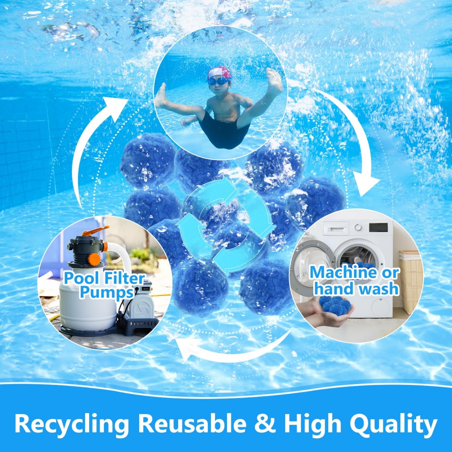 1.76 lbs Pool Filter Balls for Sand Filter, Reusable Blue Fiber Filter Media Balls, Replace Pool Filter Sand for Aquarium Tank, Pool Sand Filter Systems