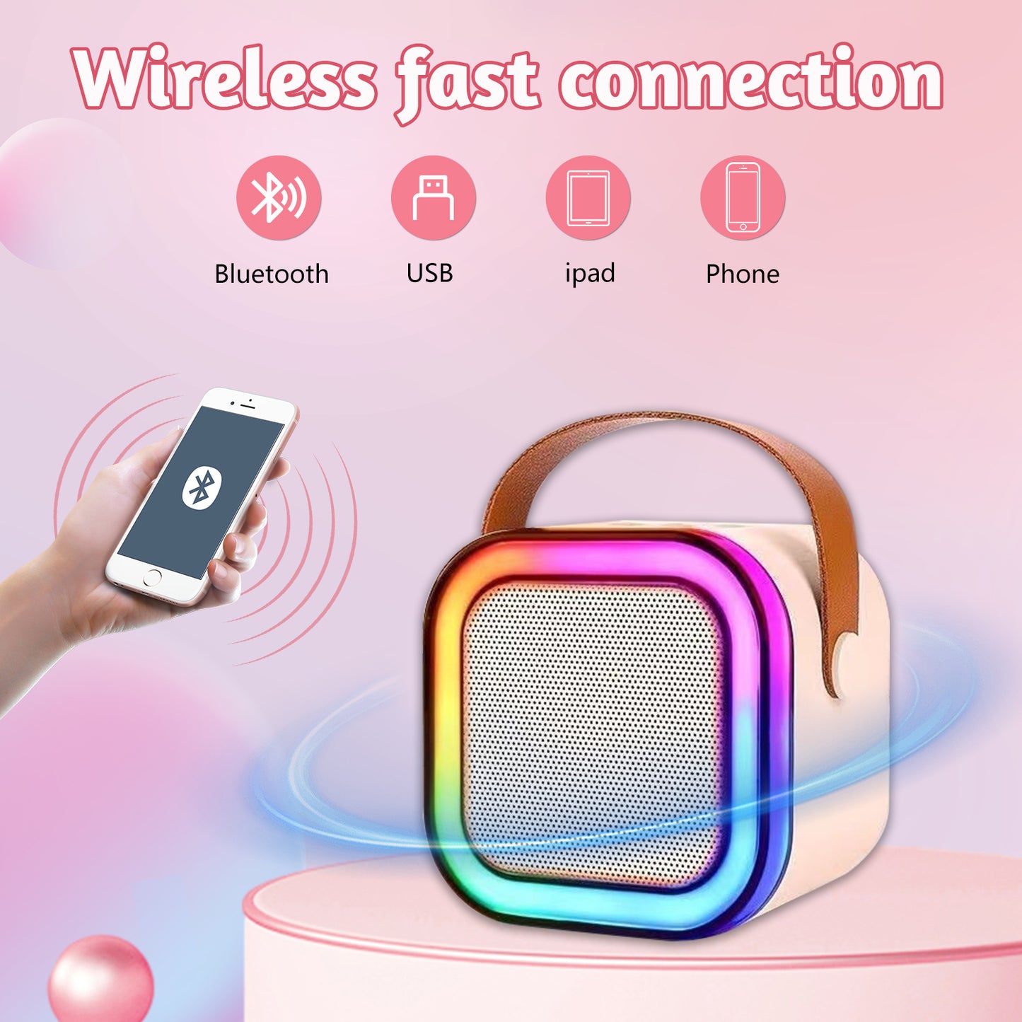 Kids Mini Karaoke Machine,Cute and Loud Portable Karaoke Machine with 2 Wireless Microphone and LED Lights,for Girls and Adults, Pink