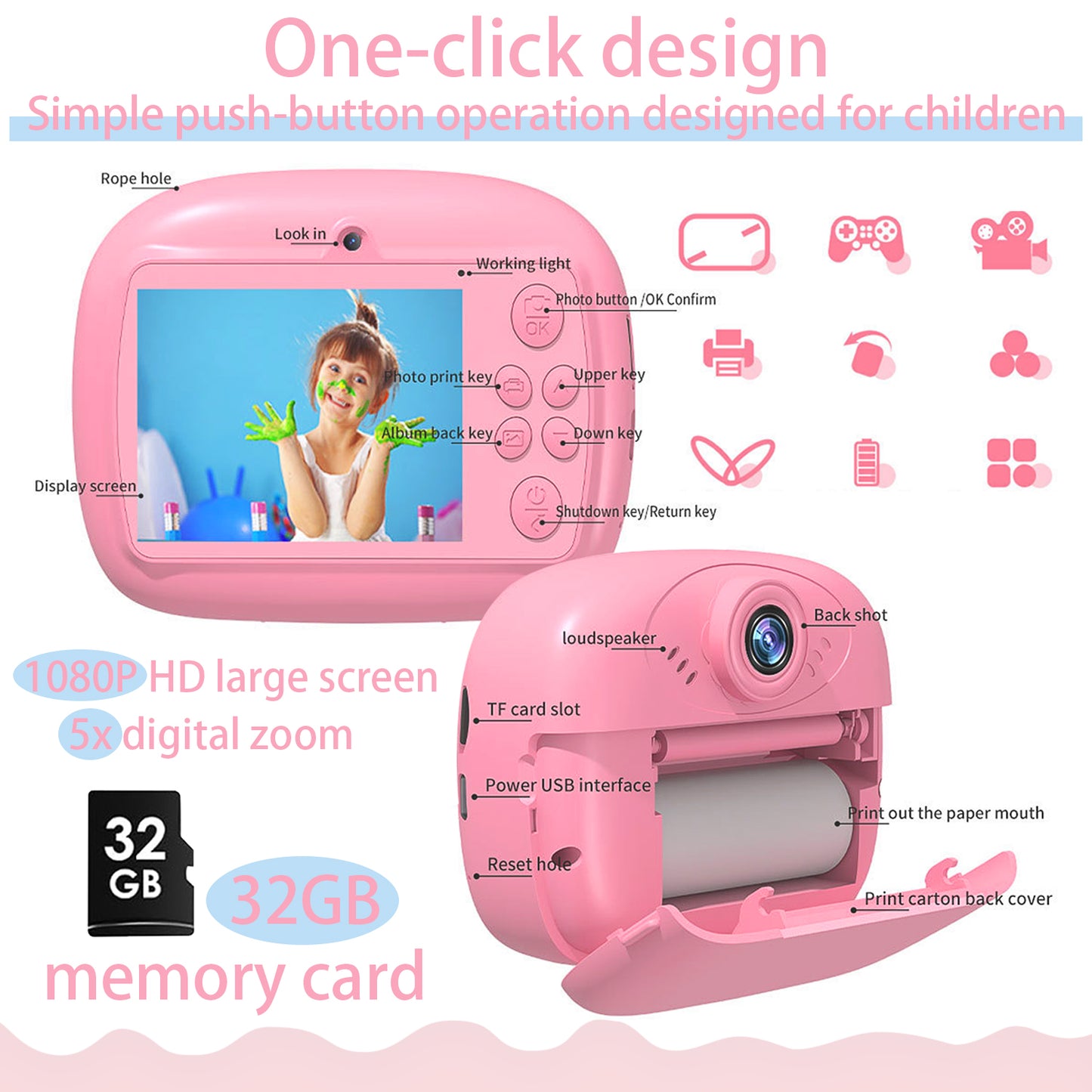 QINIUXO Instant Print Camera,HD Digital Camera,Pink Camera,Christmas Gift