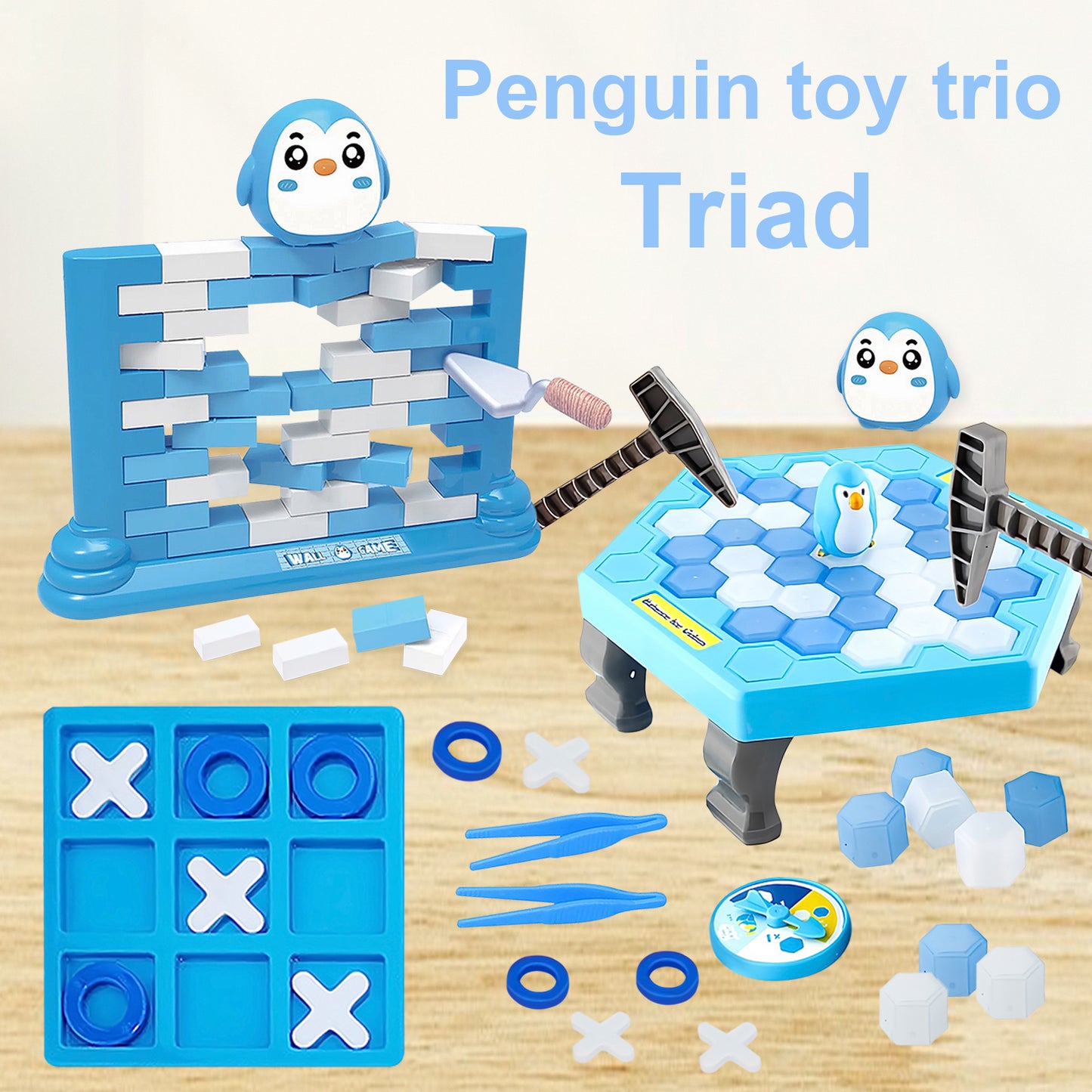 Trapped Penguin Board Game,Penguin Ice Break Toy with Mini Penguin Brick Wall Game and Tic Tac Toe,Thin Ice Game Set for Kids and Adults