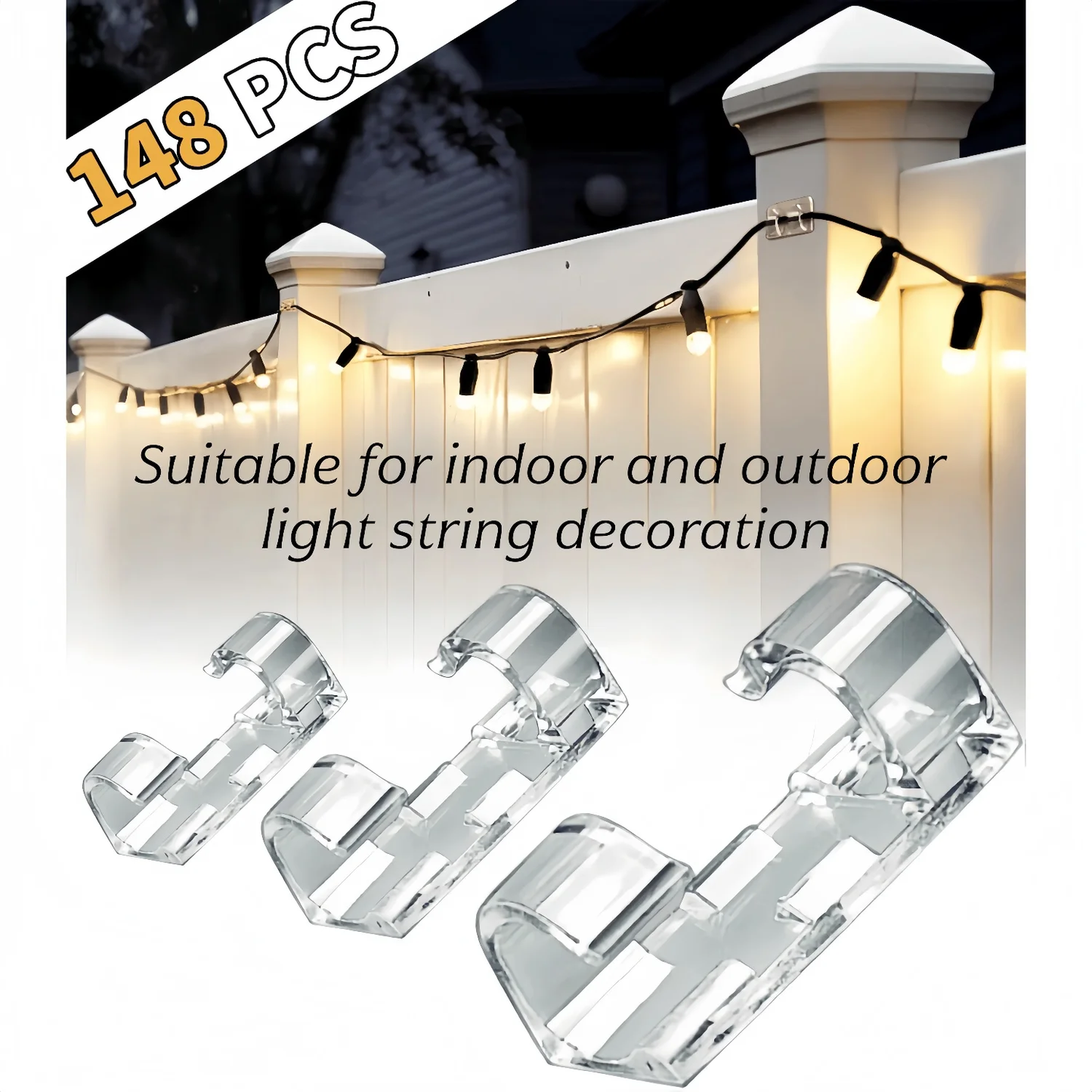 148 Pcs Adhesive Cable Clips & String Lights Clips,Wall Wire Clips 40 Small,60 Large,48 Extra Large,Strong Clear Cord Organizer Cable Management Under Desk,Car,PC,Christmas Light Indoor Outdoor