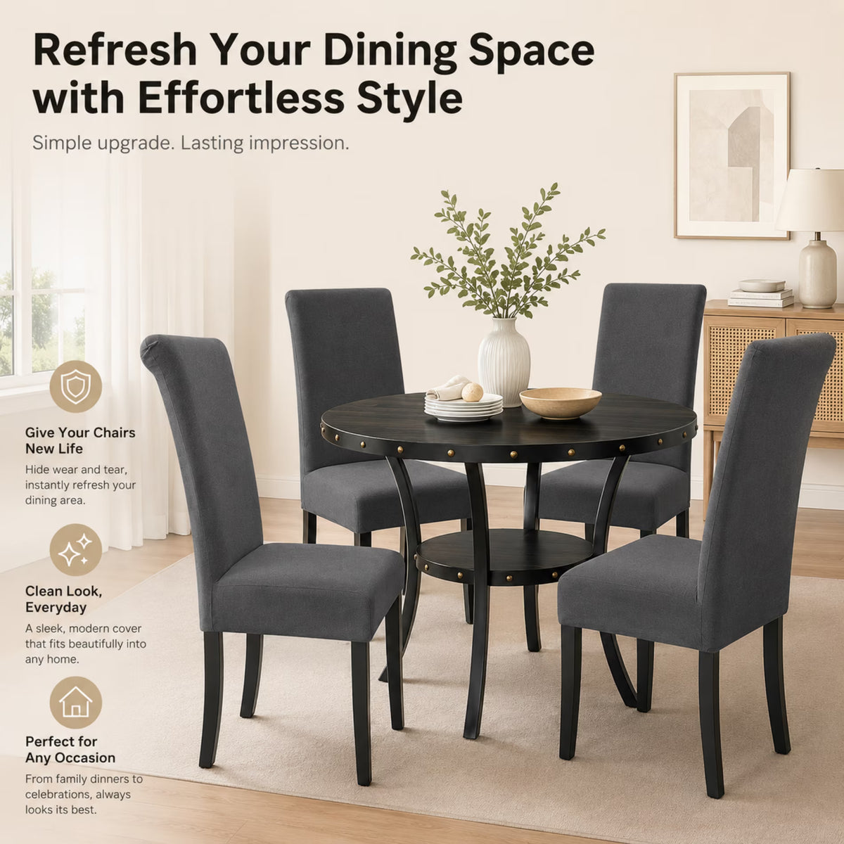 ChrumpTon Chair Covers for Dining Chairs Set of 4, Stretch Dining Chair Slipcovers, Removable Washable Chair Covers with Elastic Fit, Chair Protectors for Dining Room, Kitchen, Hotel, Dark Gray