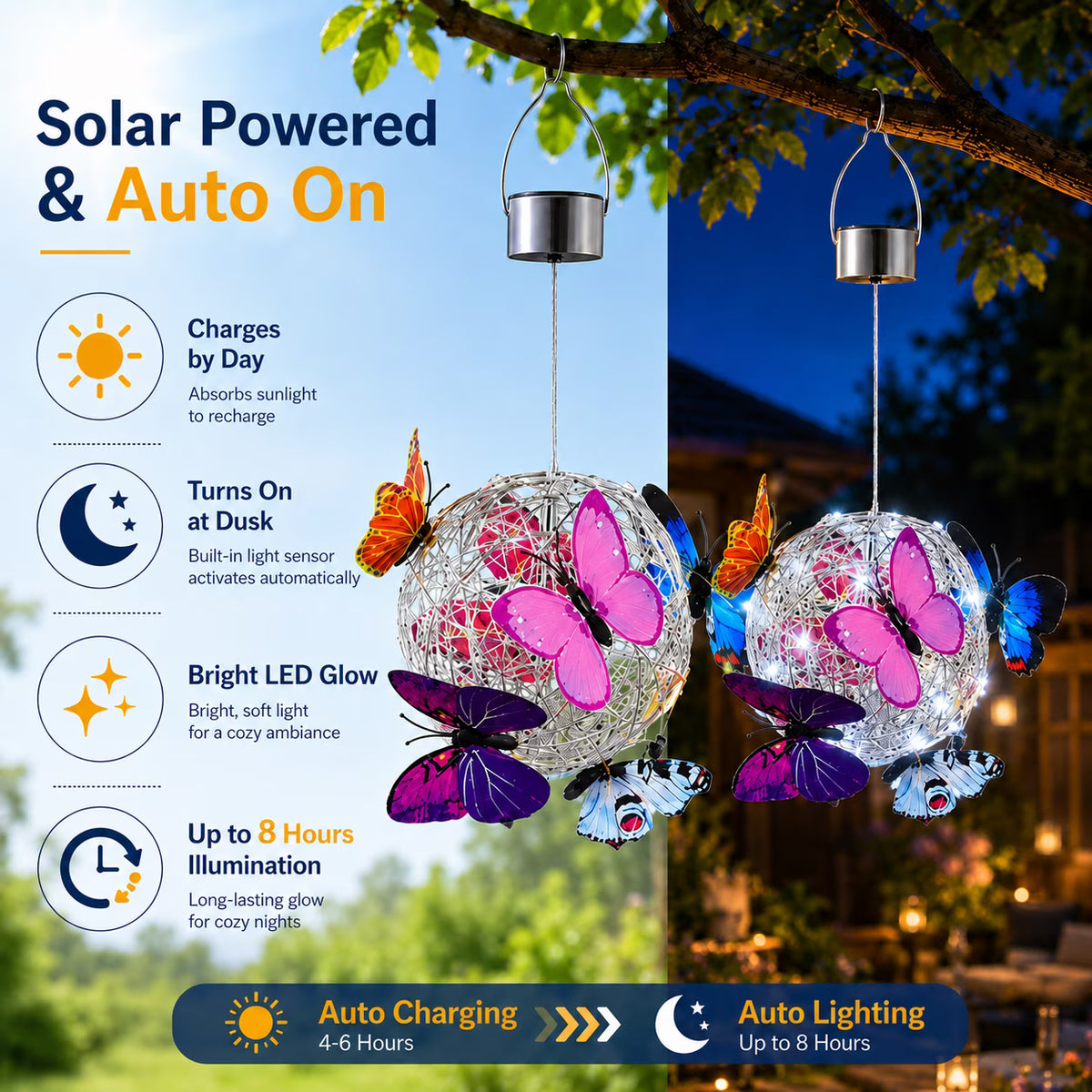 PEUHOP 2 Pack Butterfly Solar Lanterns Outdoor Waterproof, Hanging Solar Lights with White LED for Garden Decor, Yard, Patio, Pathway and Porch