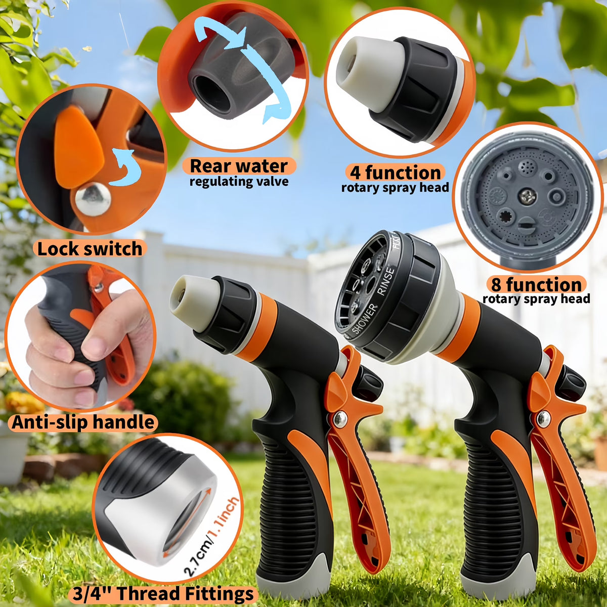 PENDALI Garden Hose Nozzle 2 Pack, Heavy Duty Water Hose Nozzle, 8 Spray Patterns, High Pressure Hose Sprayer with Flow Control for Lawn and Car Wash