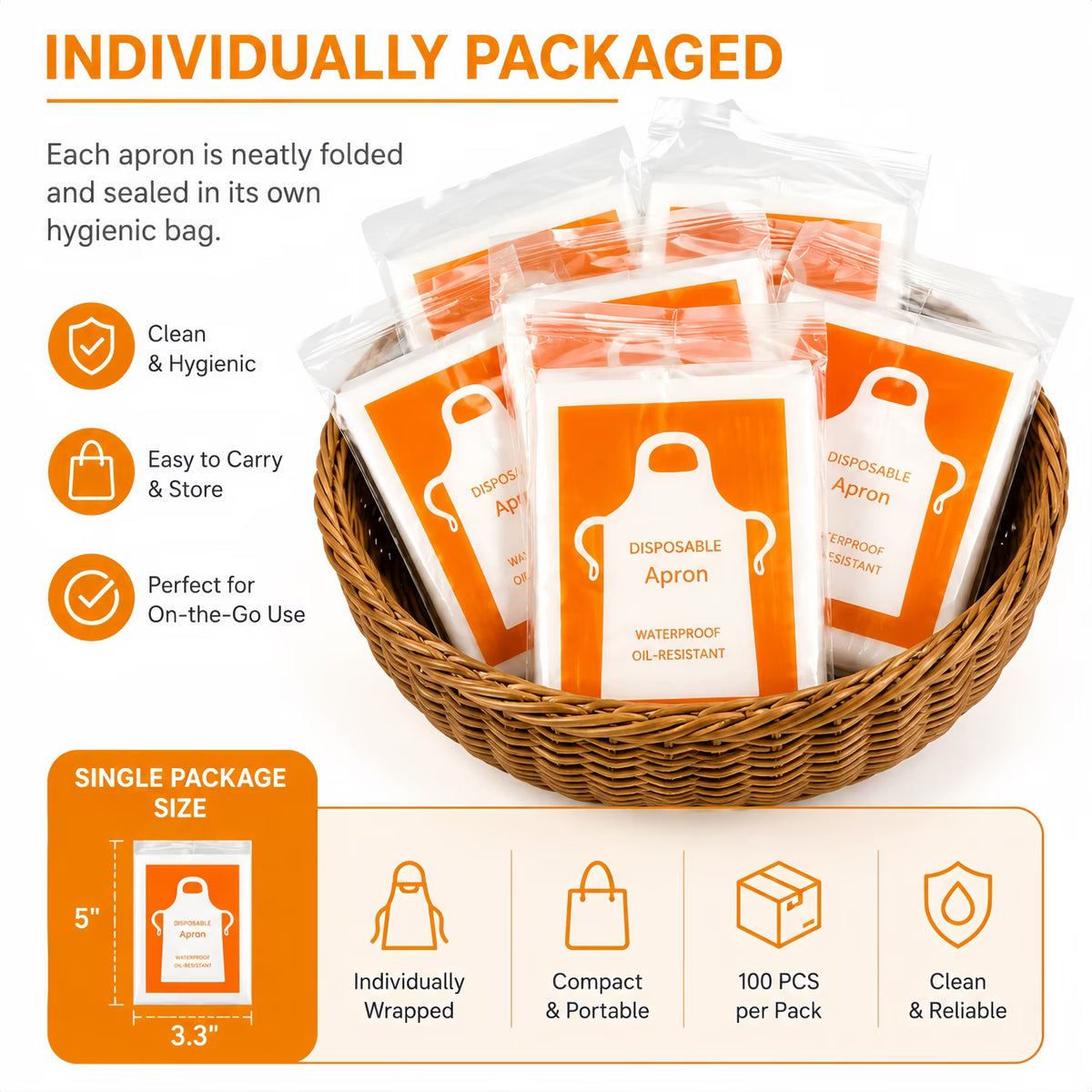 ChrumpTon 100 Pcs Disposable Aprons, Plastic Apron for Party, Cooking, Housework, Picnic, Food Service, Individually Packaged, 27.5" x 55"