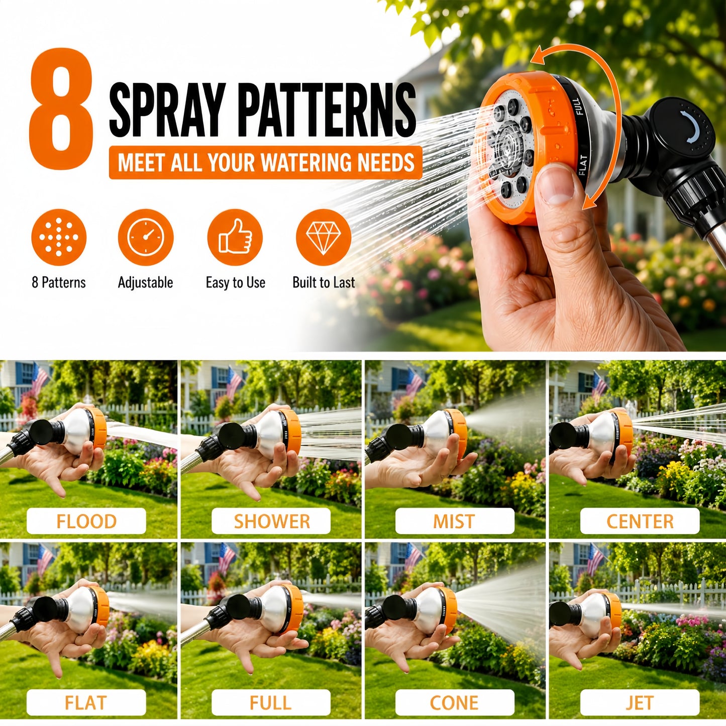 Garden Hose Nozzle, Hose Nozzle with 180° Rotating Head, Heavy Duty Metal Watering Wand, Pressure Nozzle with 8 Spray Patterns and Flow Control, Garden Tools Perfect for Hanging Baskets, Shrubs