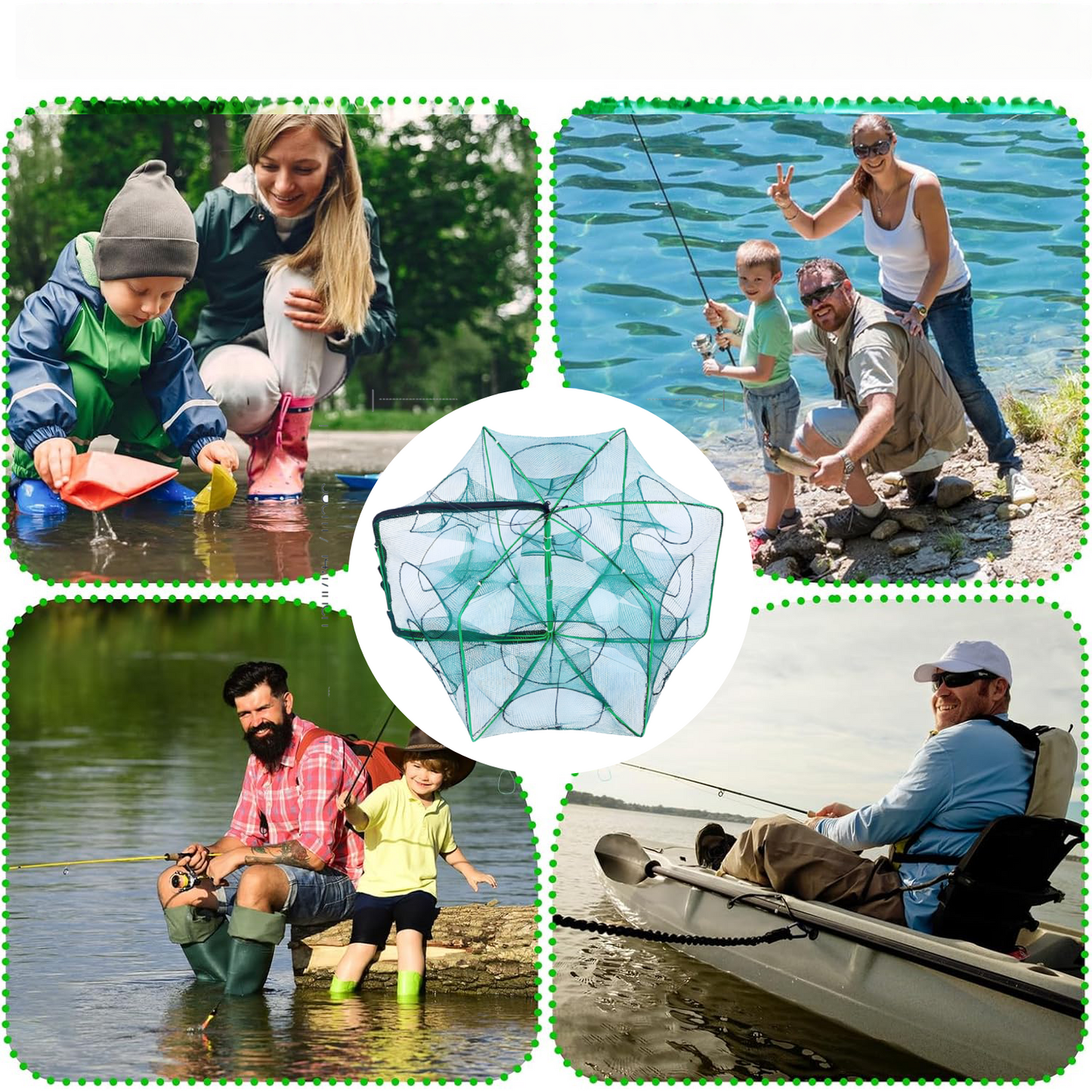 3‑Pack Crawfish Traps, 12-Hole Fishing Trap, Cylindrical Hexagon Crab Trap, Green Foldable Fishing Net, Fishing Accessories for Small Fish Shrimp Crab Crawfish (23.6 x 13.8 in)