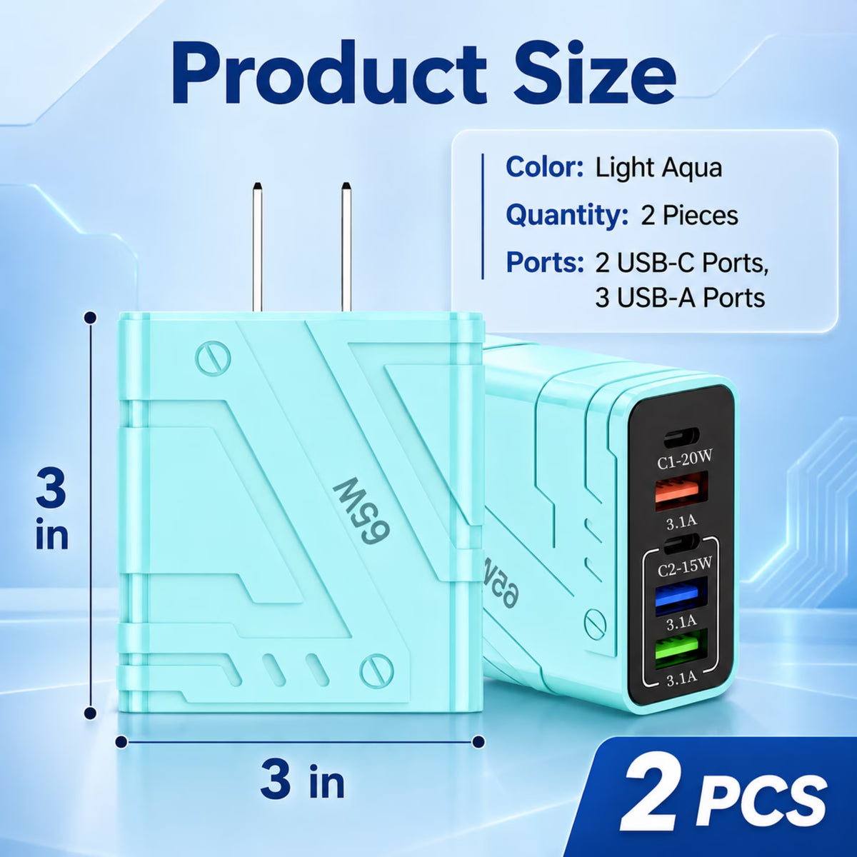 QINIUXO 2 Pack USB C Wall Charger, 5-Port Fast Charging Block, Each with Up to 65W Total Output, 2 USB C and 3 USB A Ports, Blue