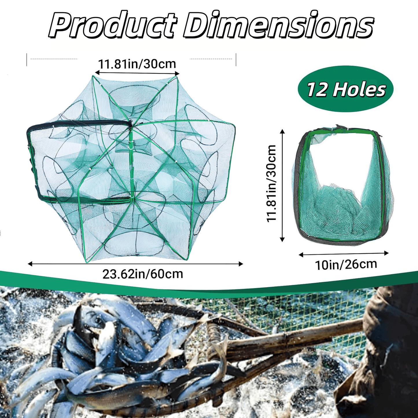 3‑Pack Crawfish Traps, 12-Hole Fishing Trap, Cylindrical Hexagon Crab Trap, Green Foldable Fishing Net, Fishing Accessories for Small Fish Shrimp Crab Crawfish (23.6 x 13.8 in)
