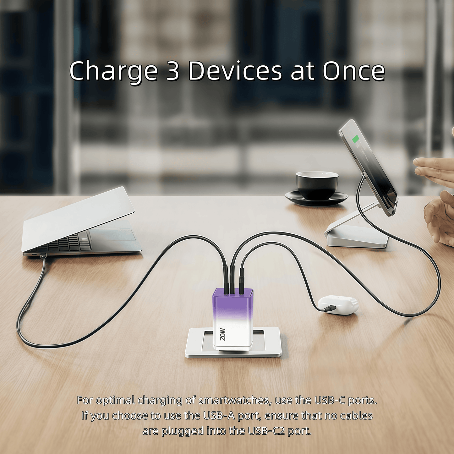 2Pack 20W USB C Wall Charger Block, 3-Port Fast Charging Type C Charger (2 USB-C + 1 USB-A), Compact Travel Phone Charger Compatible with Various Types of Mobile Phones (Purple & Pink)