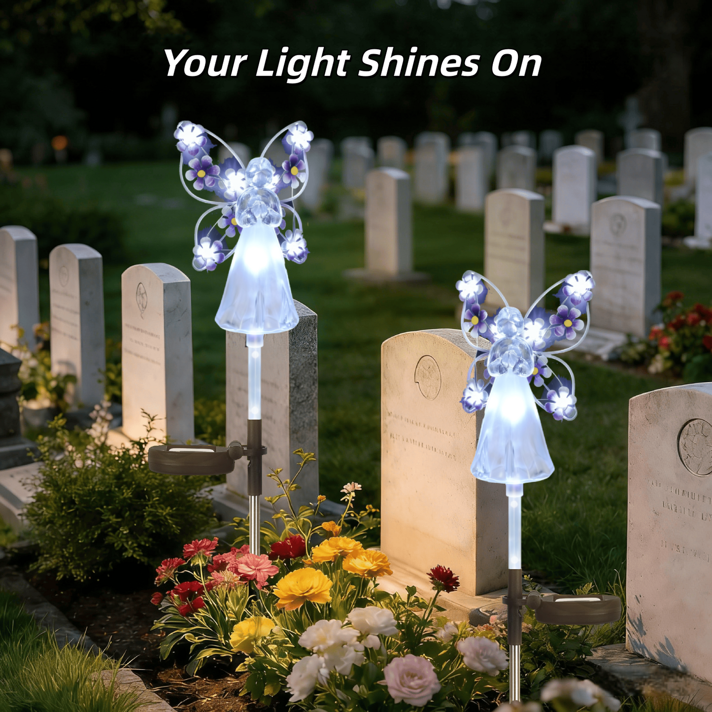 2 Pack Solar Lights Outdoor, Solar Angel Statue, Waterproof Solar Garden Lights, Pathway Lights with 14 Purple LEDs, Grave Decorations for Cemetery, Garden Statue