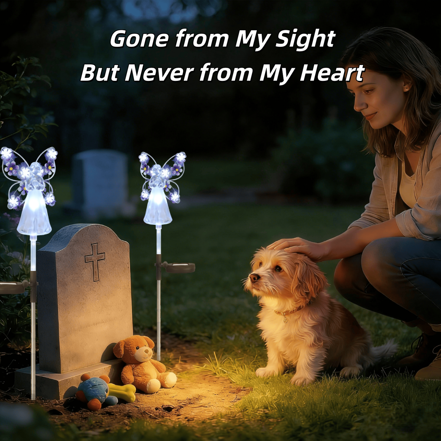 2 Pack Solar Lights Outdoor, Solar Angel Statue, Waterproof Solar Garden Lights, Pathway Lights with 14 Purple LEDs, Grave Decorations for Cemetery, Garden Statue