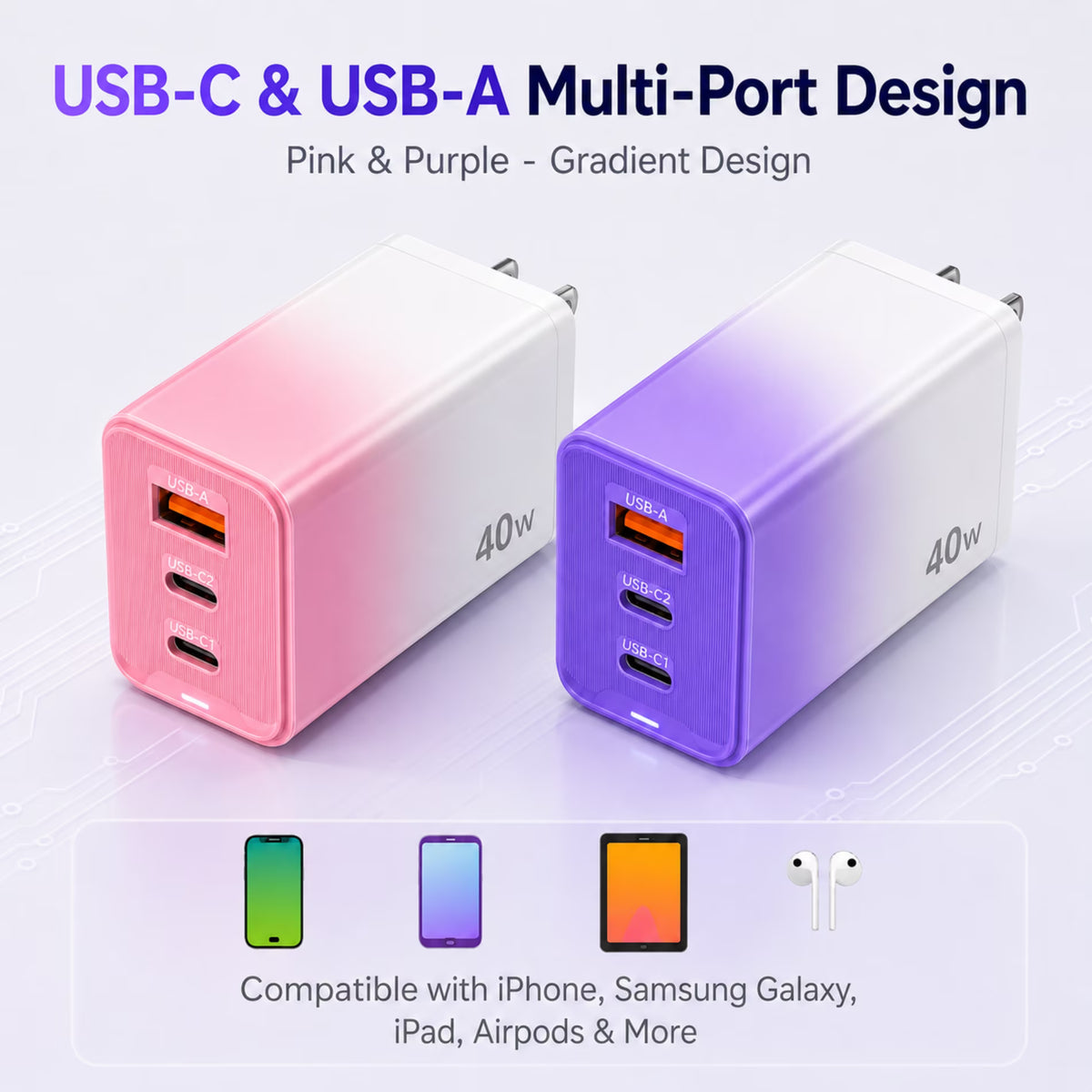 QINIUXO 2 Pack USB C Charger Block, 40W USB Wall Charger with 2 USB-C and 1 USB-A Ports, 3 Port Phone Charger Block, Compact Charger for Phones, Tablets and Everyday Devices, Purple & Pink