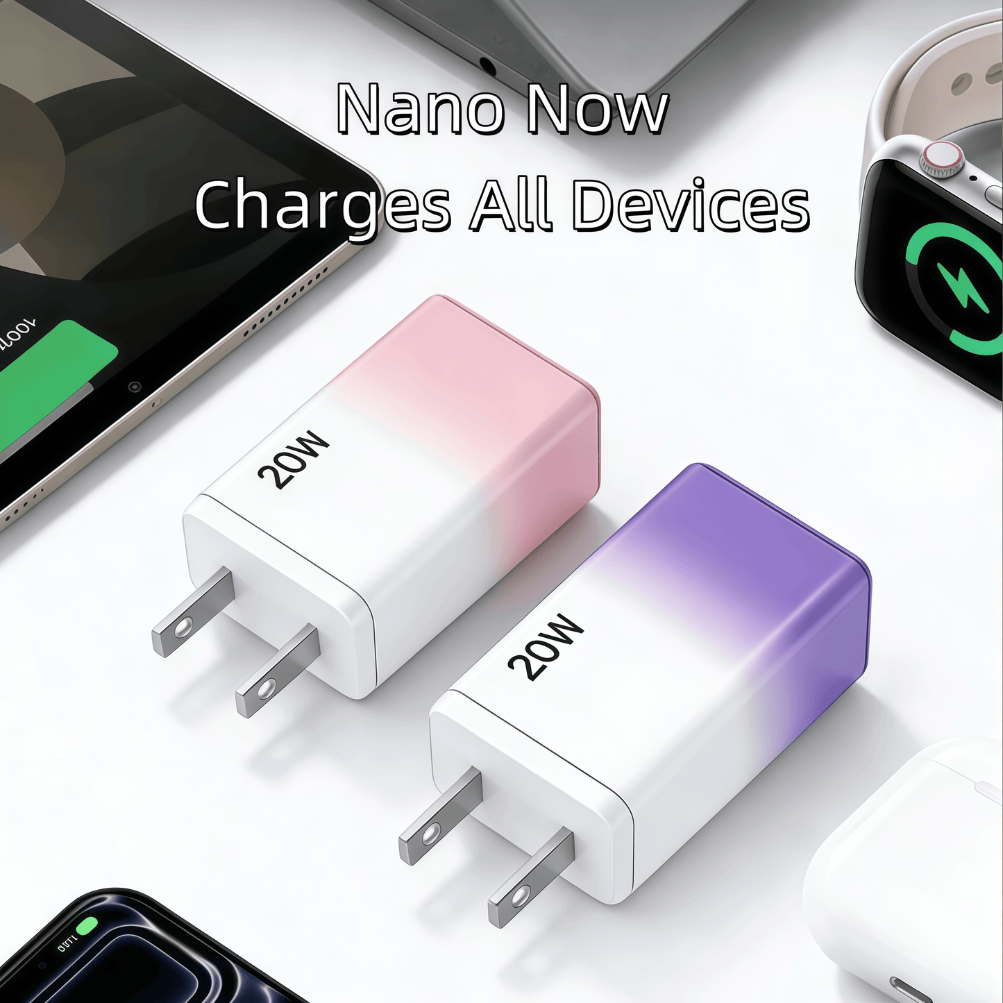 2Pack 20W USB C Wall Charger Block, 3-Port Fast Charging Type C Charger (2 USB-C + 1 USB-A), Compact Travel Phone Charger Compatible with Various Types of Mobile Phones (Purple & Pink)