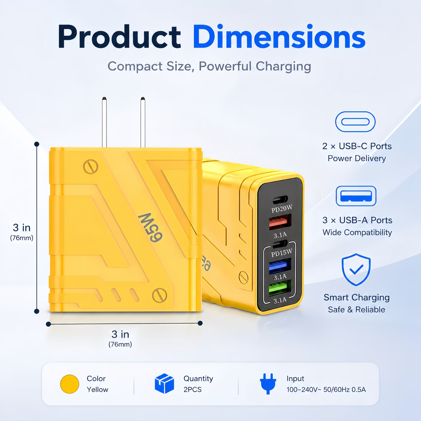 QINIUXO USB C Charger Block, 2 Pcs USB C Adapter, 5-Port Wall Charger, Fast Charging Block, Type C Brick Chargers for Various Types of Mobile Phones, Yellow