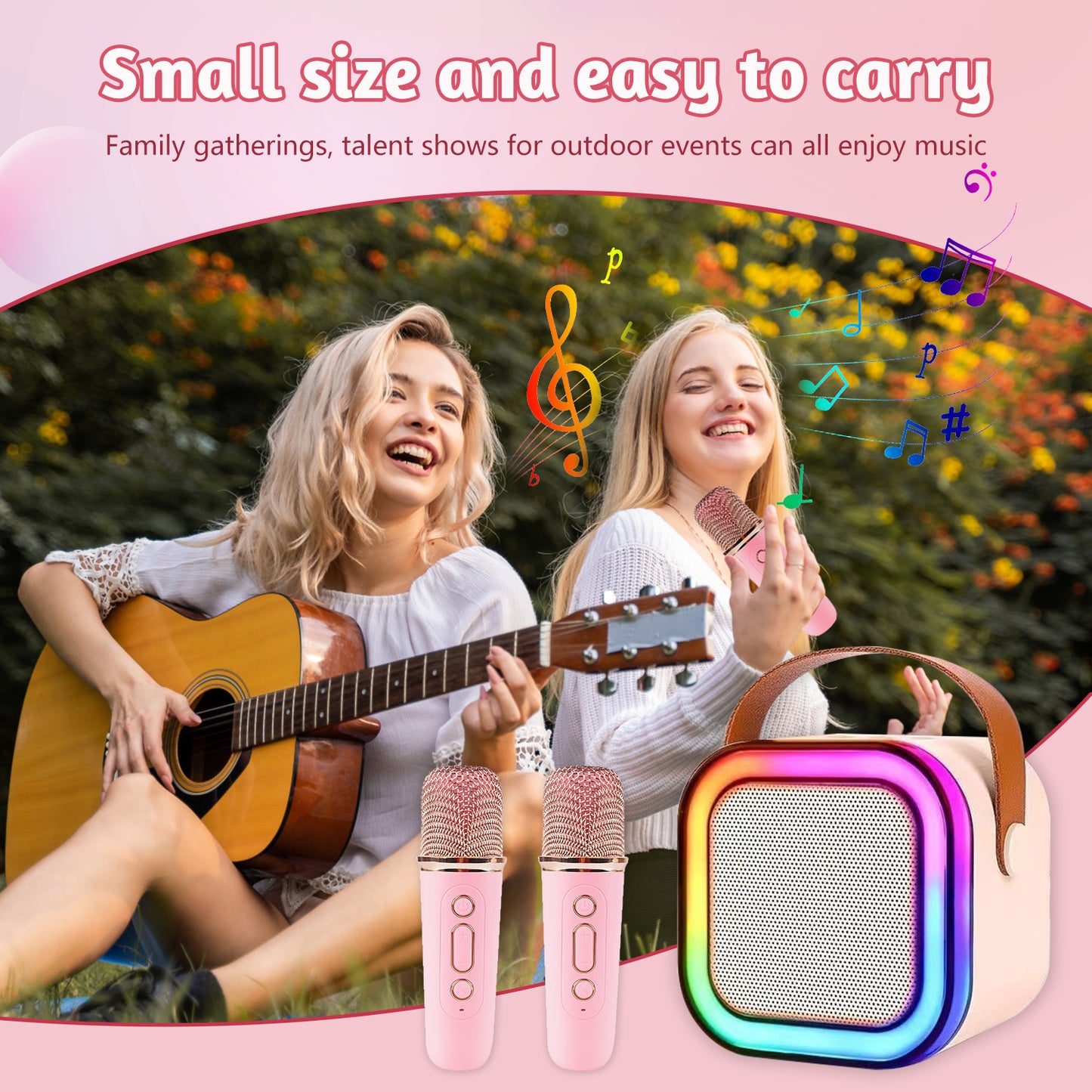 Kids Mini Karaoke Machine,Cute and Loud Portable Karaoke Machine with 2 Wireless Microphone and LED Lights,for Girls and Adults, Pink