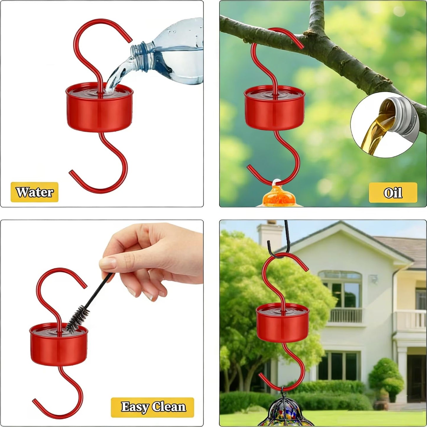 3-Pack Ant Moat for Hummingbird Feeders, Red Hummingbird Feeder Ant Guard, RustProof S Hooks with Cleaning Brushes and Hanging Chain for Bird Feeders