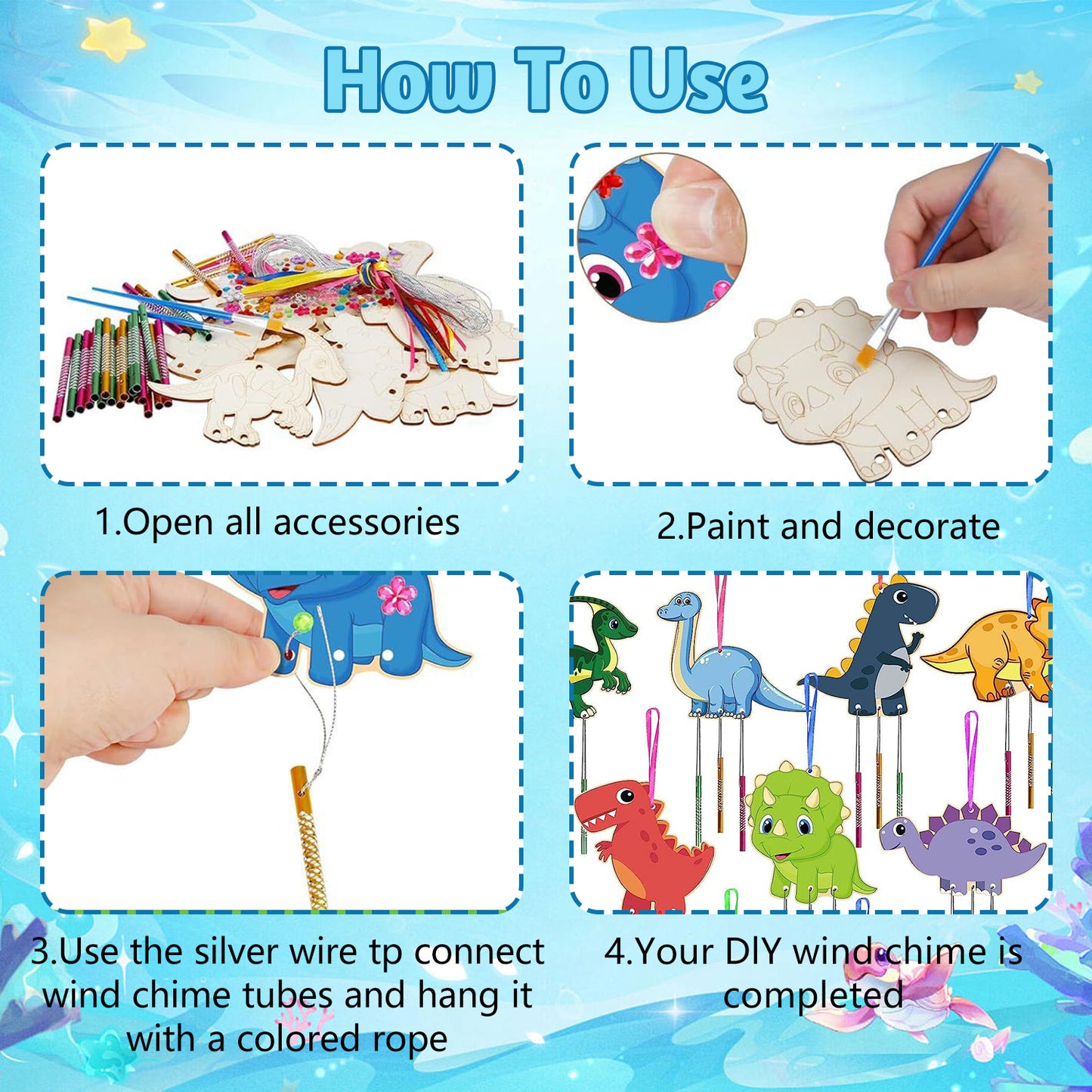 Wind Chimes Kit,Arts and Crafts,Wooden Crafts Kit for Kids Ages 8-12,Dinosaur and Sea Creature,Artistic Creation for Boys and Girls,19 Pcs
