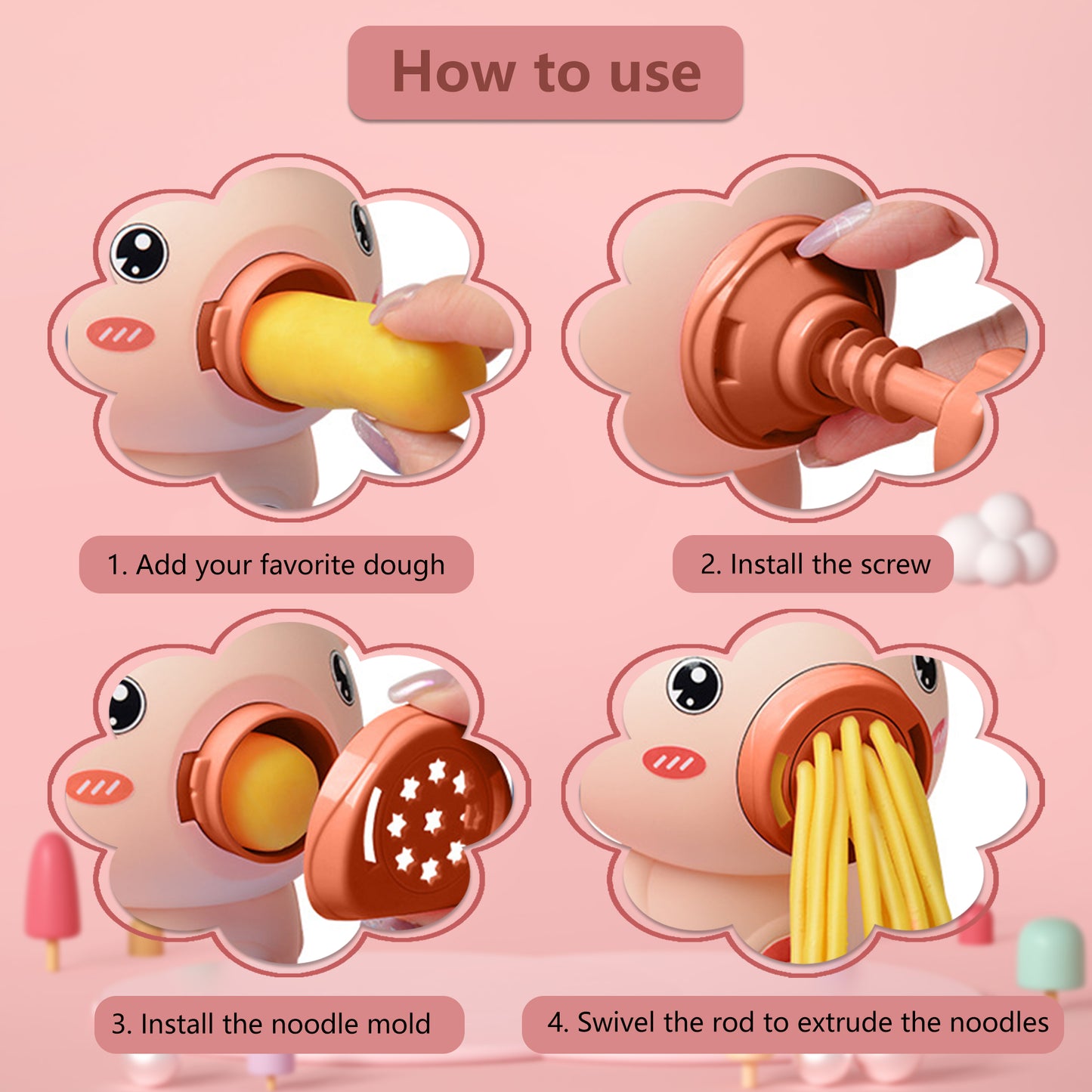 Playdough Toys for Kids,Clay Noodle Maker Set,Kitchen Toy Playdough Sets for Kids Ages 4-8,Pink Piggy Image,Two Noodle Machines with 47 Accessories