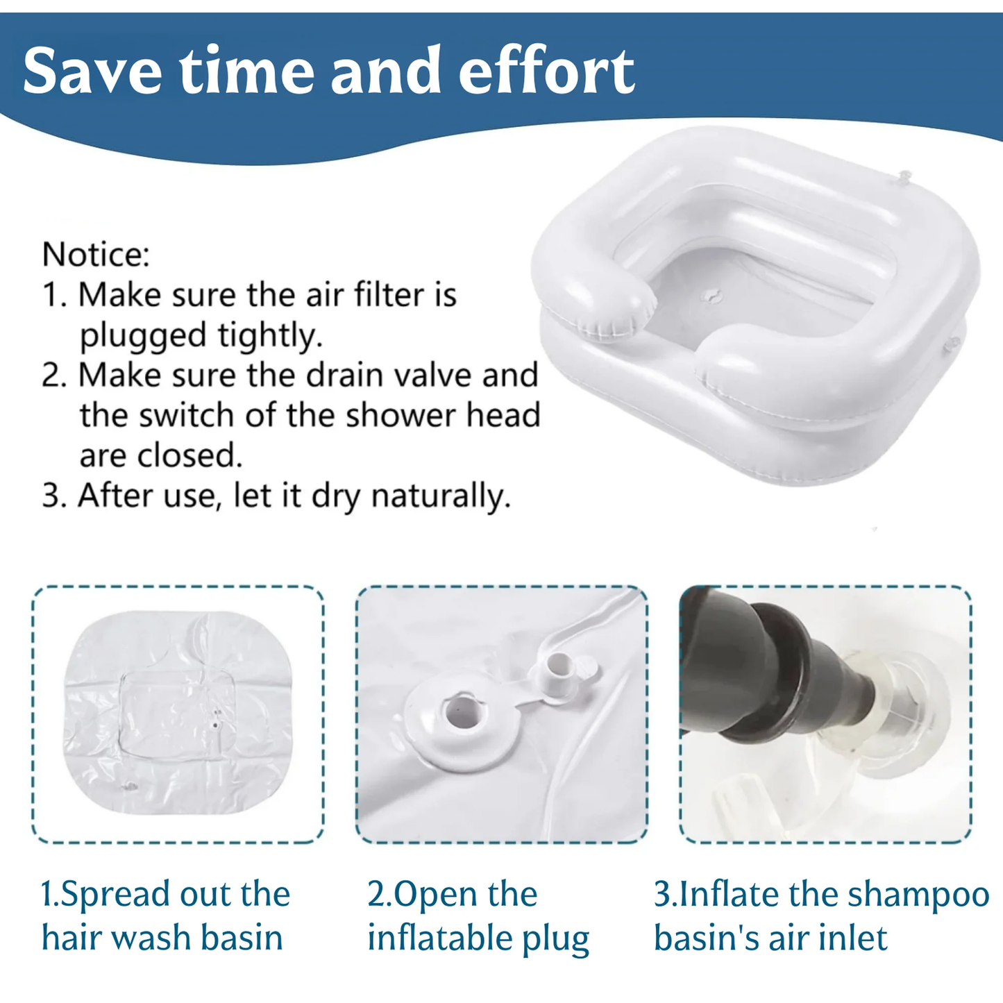 Inflatable Hair Wash Basin,Portable Shampoo Bowl with Hand Pump and Hair Towel Wrap,for Injured,Elderly,Bed-Bound,Handicapped