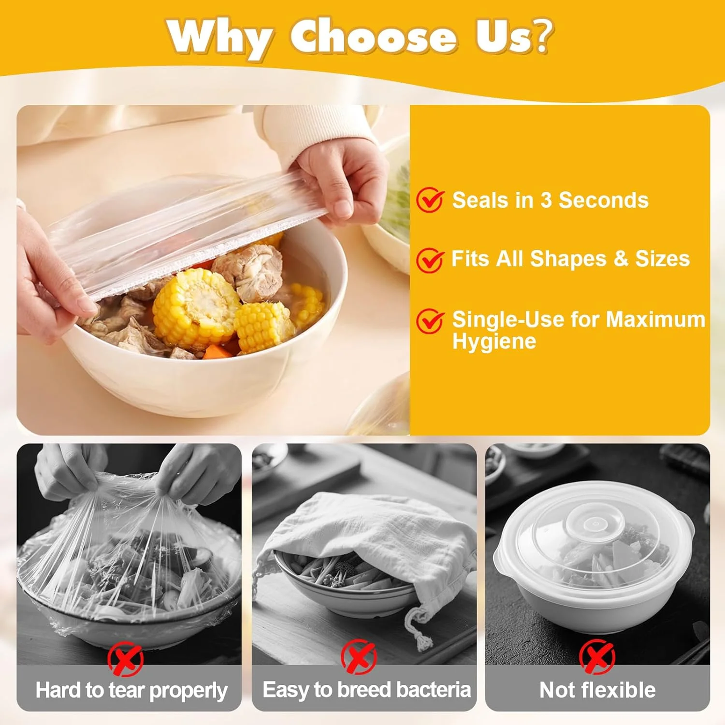 ChrumpTon 300Pcs Plastic Bowl Covers, Disposable Elastic Stretch Food Covers, Two Sizes, Fits Bowls up to 8" & 13", Food Storage, Bread Proofing, Kitchen and Outdoor Use