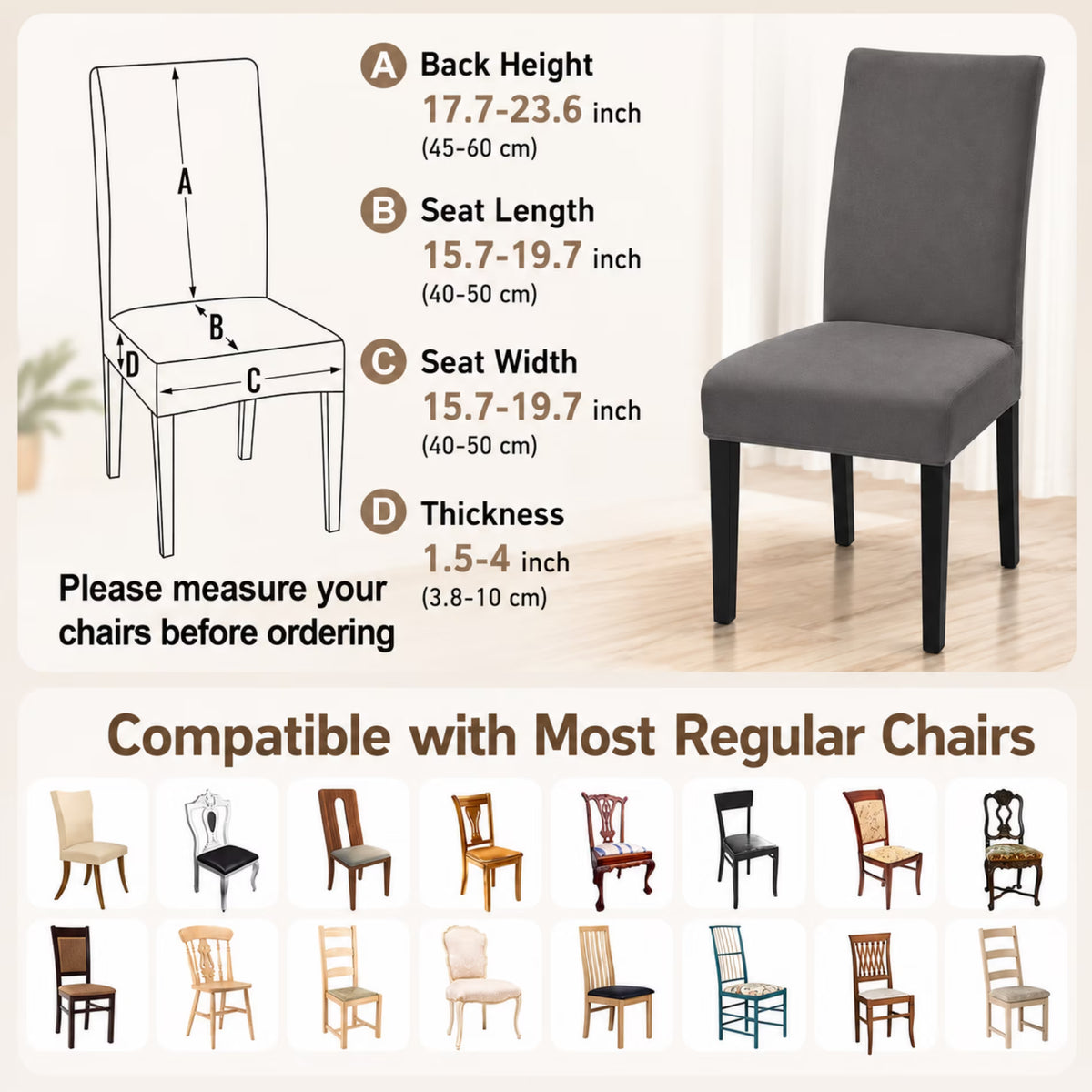 ChrumpTon Chair Covers for Dining Chairs Set of 4, Stretch Dining Chair Slipcovers, Removable Washable Chair Covers with Elastic Fit, Chair Protectors for Dining Room, Kitchen, Hotel, Dark Gray