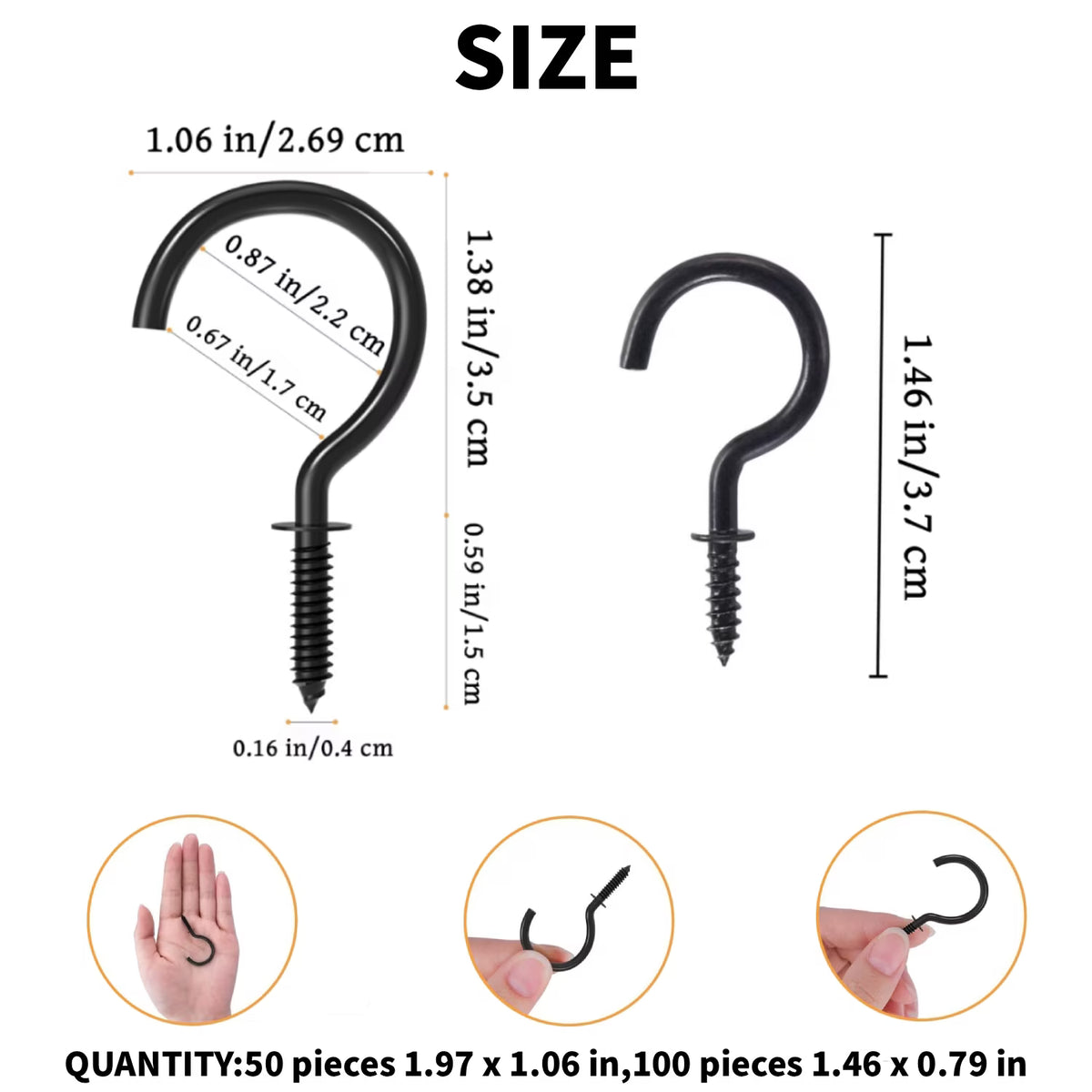 150 Pcs Black Screw Hooks, 2 Sizes of Cup Hooks, Heavy Duty Screw in Hooks, Ceiling Hooks for Hanging Plants, String Lights, 1 Inch and 1-1/2 Inch