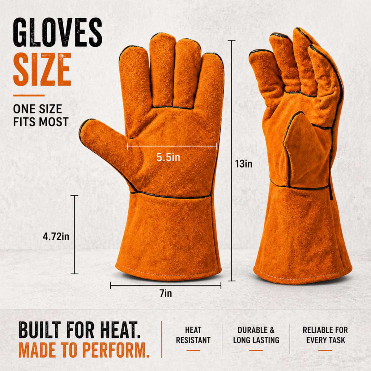 ChrumpTon Welding Gloves Heat Resistant, Leather Fireplace Gloves for Wood Stove & Welding, Long Sleeve Heat Resistant Gloves with Soft Lining, Orange