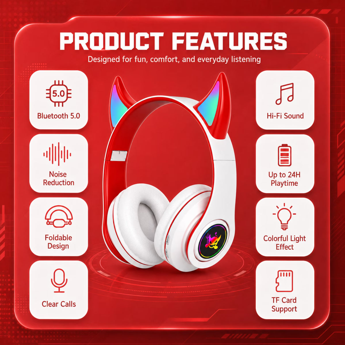 QINIUXO Kids Bluetooth Headphones, Wireless Over-Ear Headset with LED Lights, Foldable Adjustable Design, Volume Controls, 3.5mm Wired and Memory Card Modes for School, Travel, Tablets and Laptops