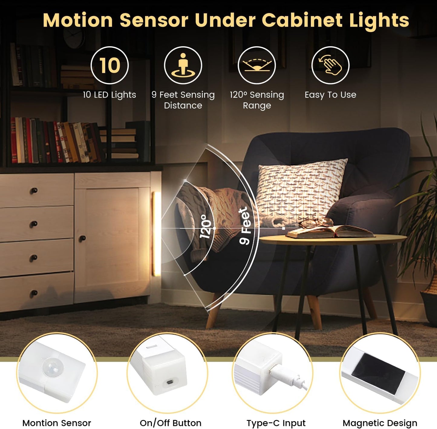 6 Pack LED Under Cabinet Lights,Motion Sensor Light Strip Adhesive Sheet,3 Modes Dimmable Closet Light,Counter Lights for Kitchen Stairs,White,11.81 x 0.78 in