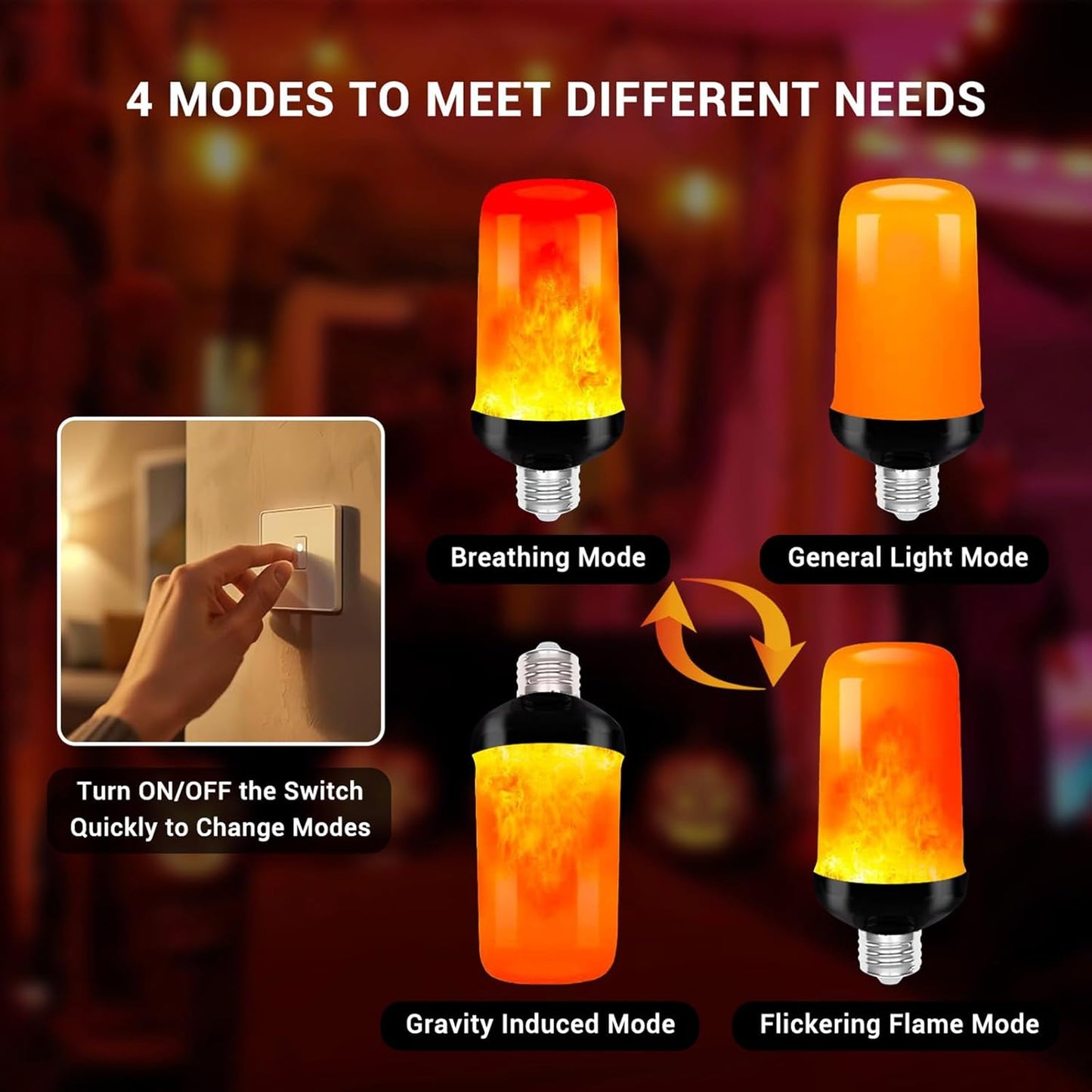 Flame Bulbs,4 Modes Flame LED Bulbs,E27 Base Fire Lamp For Halloween,Christmas Decorations,Party,Outdoor,Indoor,Home Decor Yellow,6 Pack