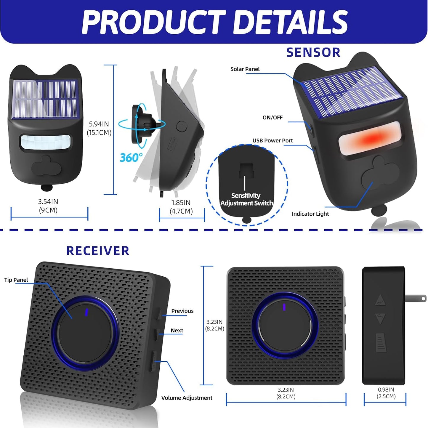 Solar Driveway Alarms Wireless,Outdoor Waterproof Motion Detector,700 ft Long Range Sensor,No Need Replace Batteries Security Driveway Alert System(1 Receiver 1 Sensor),Black